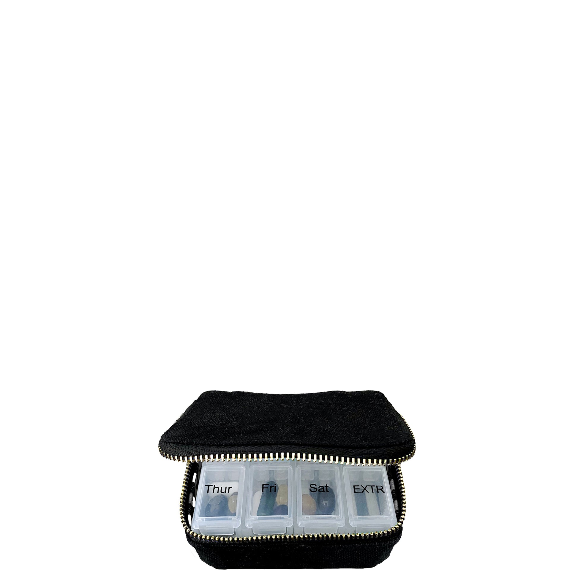 Bag-all Black Pill Organizing Case with Weekly Pill Organizer featuring 7-day compartments, zippered cotton case, travel-friendly medication storage solution