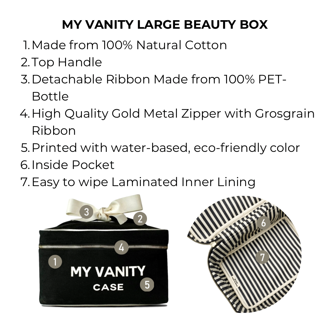 Bag-all My Vanity Large Beauty Box in black cotton with striped waterproof lining, gold zipper, and detachable eco-friendly ribbon - perfect for organizing cosmetics and toiletries