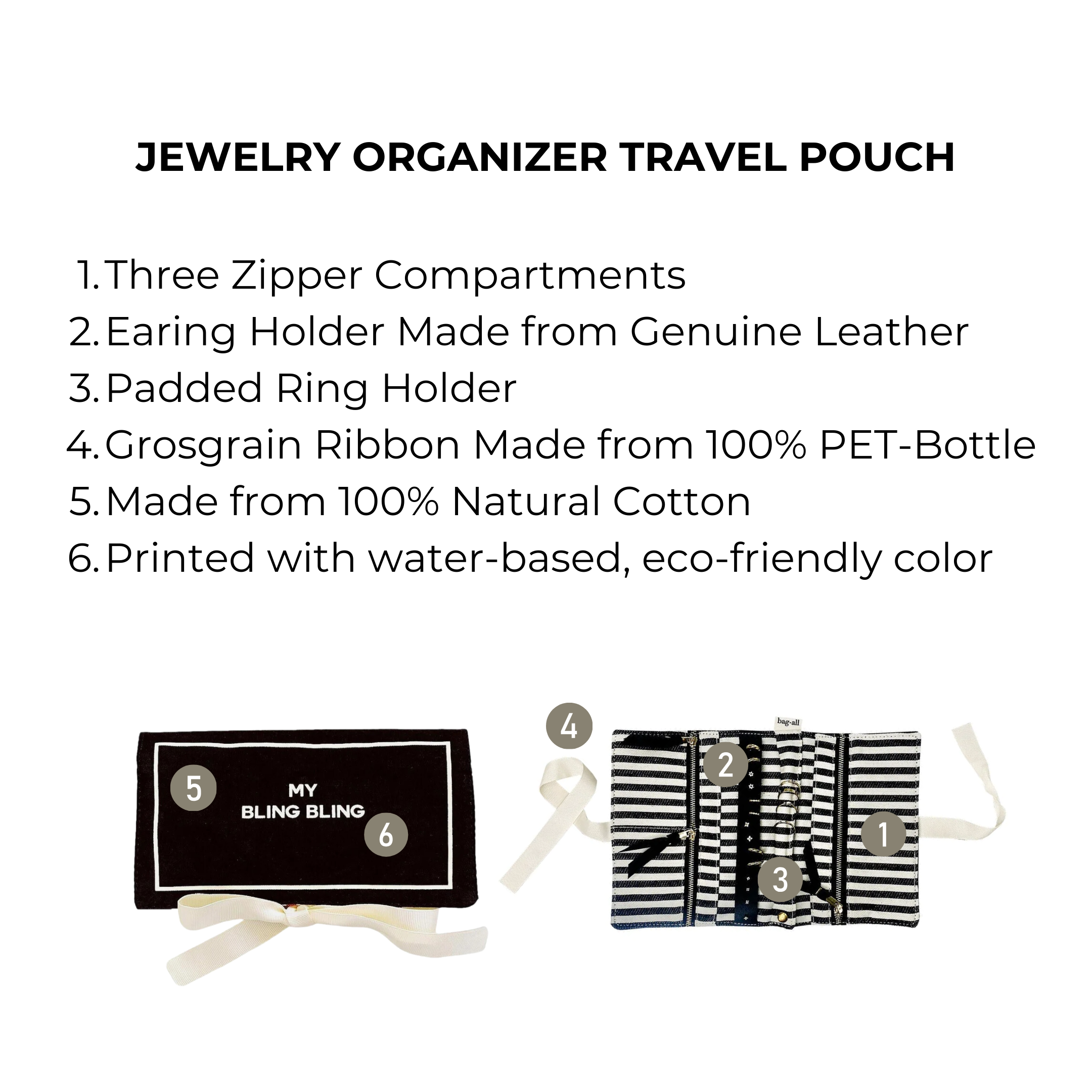 Bag-all Jewelry Organizer Travel Pouch features black eco-friendly cotton construction with three zipper compartments, genuine leather earring holder, and padded ring section. Perfect for organized travel storage.