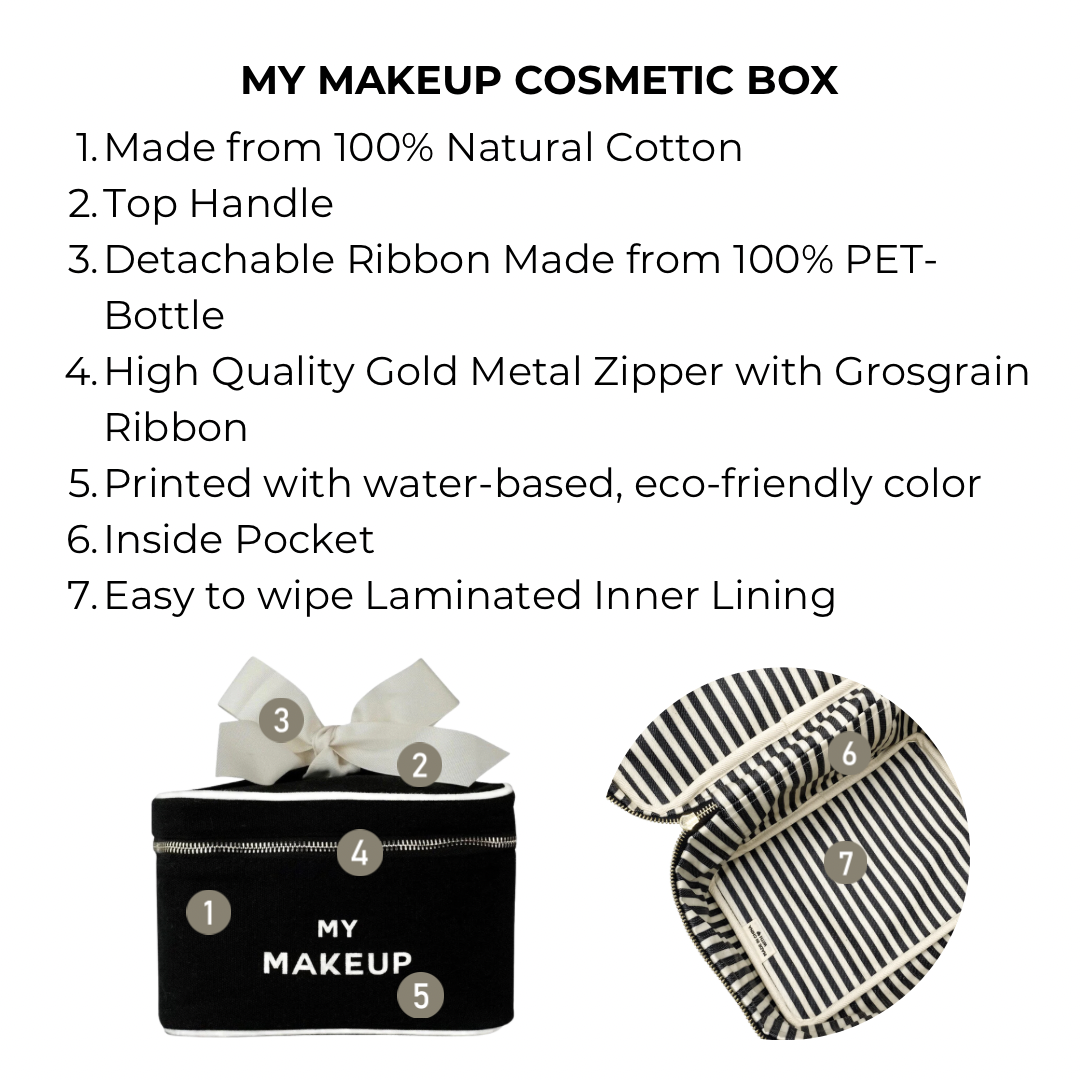 Bag-all My Makeup Cosmetic Box in black cotton with gold zipper, detachable ribbon, and striped waterproof interior - perfect for organizing beauty essentials