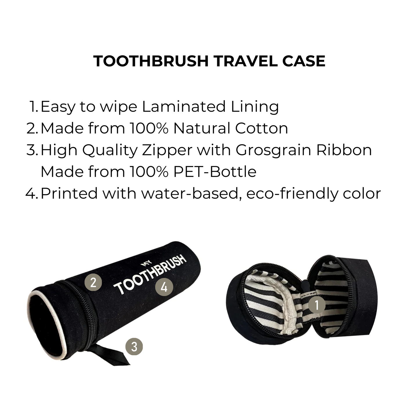 Bag-all Black Toothbrush Travel Case - Eco-friendly cotton cylinder case with striped lining and recycled zipper, fits 5 toothbrushes and toothpaste, perfect for travel organization