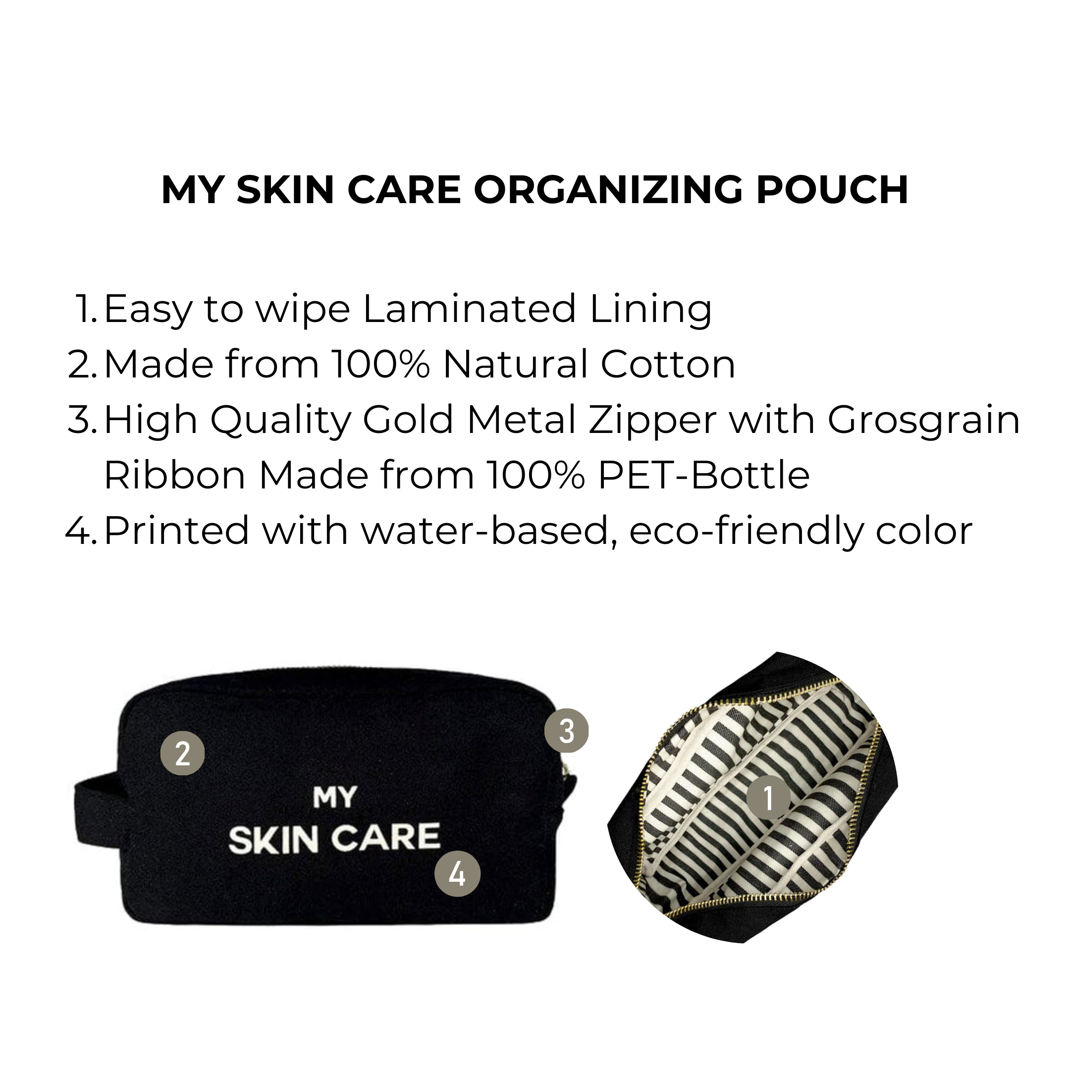 Bag-all My Skin Care Organizing Pouch in black cotton with waterproof laminated lining, gold zipper, and eco-friendly print - perfect for beauty storage and travel