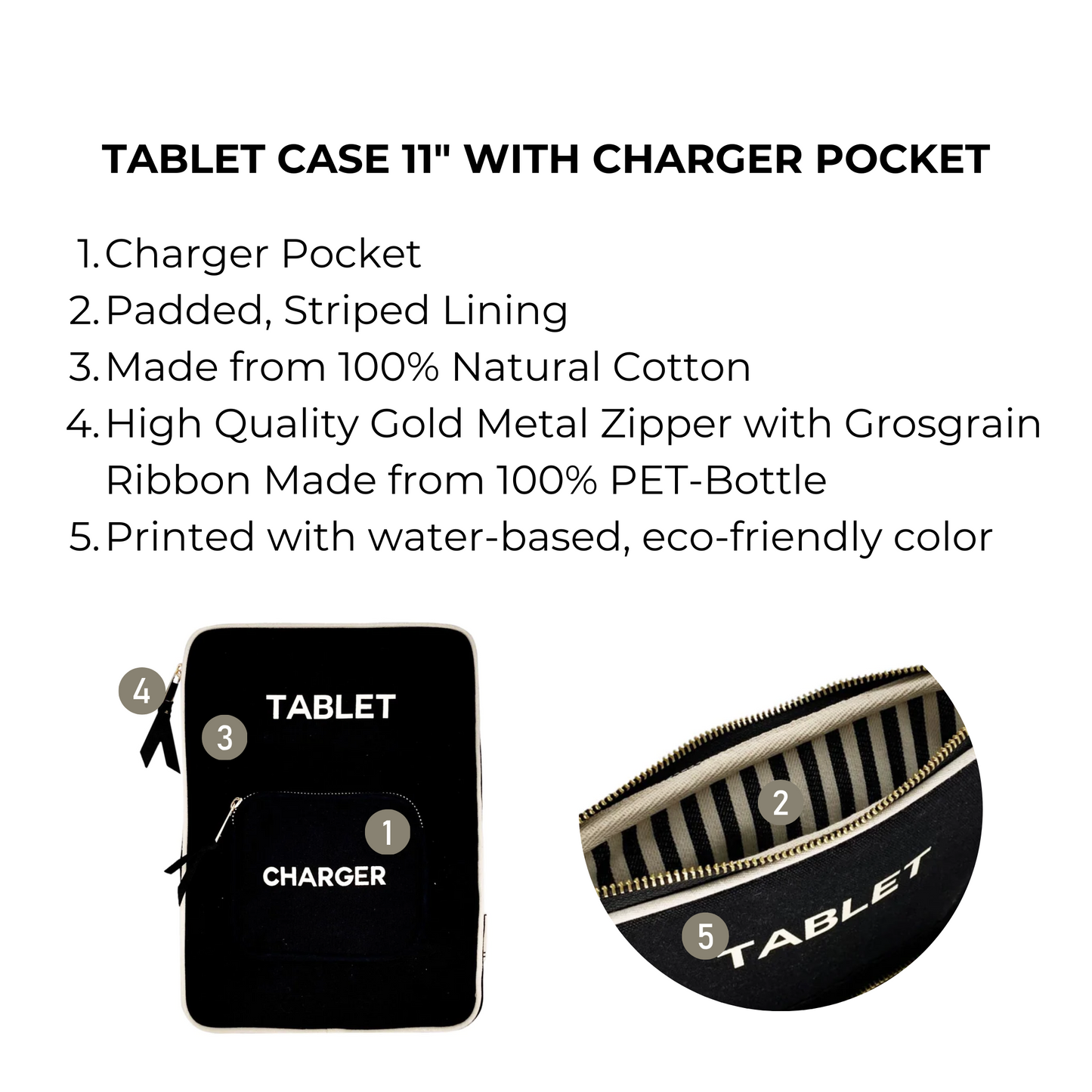 Bag-all Tablet Case 11" black cotton case with charger pocket, striped lining, gold metal zipper, eco-friendly features. Perfect protective storage solution for tablets and accessories.