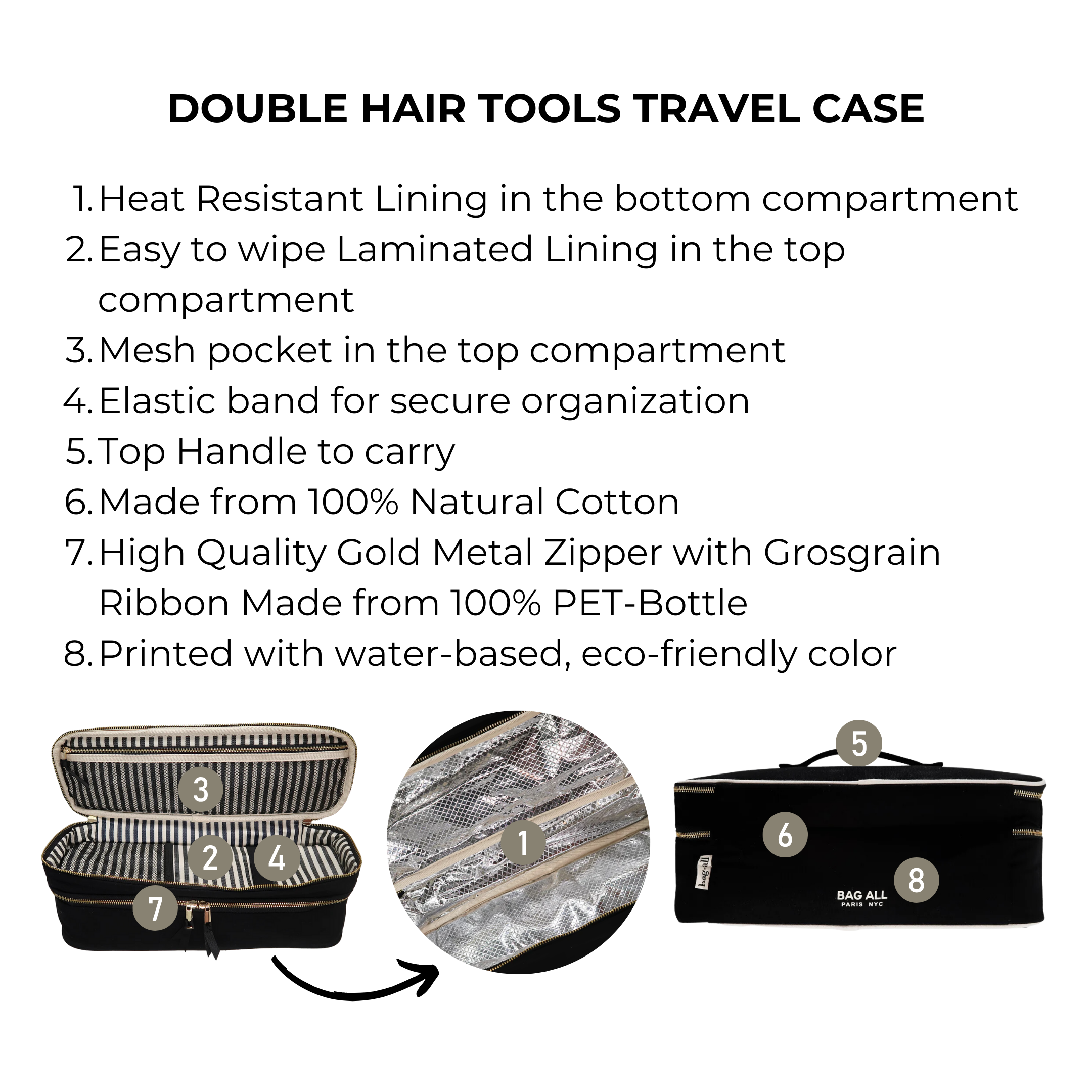 Bag-all Double Hair Tools Travel Case in black with heat-resistant lining, mesh pocket, and elastic bands for secure organization of styling tools. Features gold zipper and natural cotton construction.