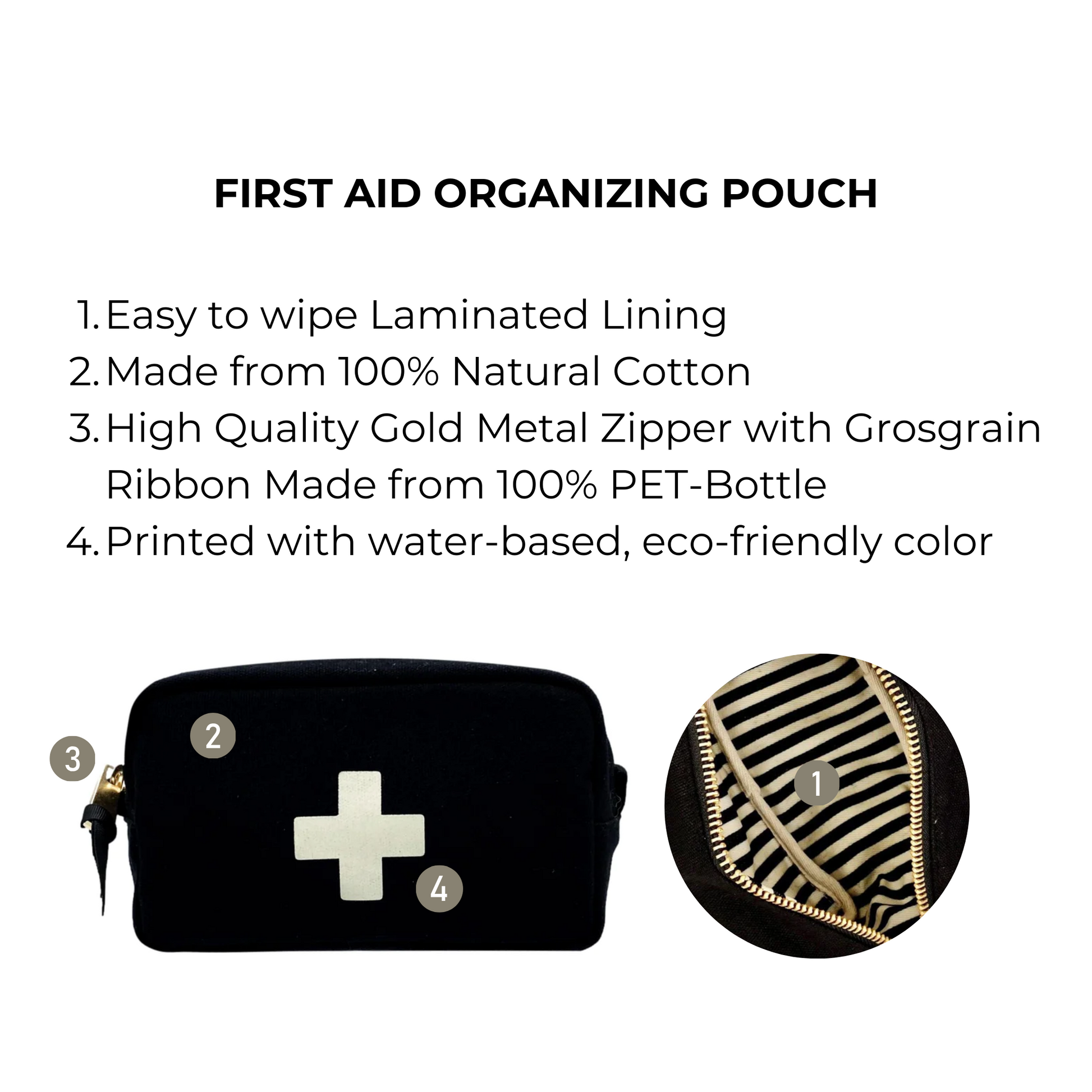 Bag-all First Aid Organizing Pouch in black cotton with laminated lining, gold zipper, and striped interior - perfect for portable medical storage and emergency essentials