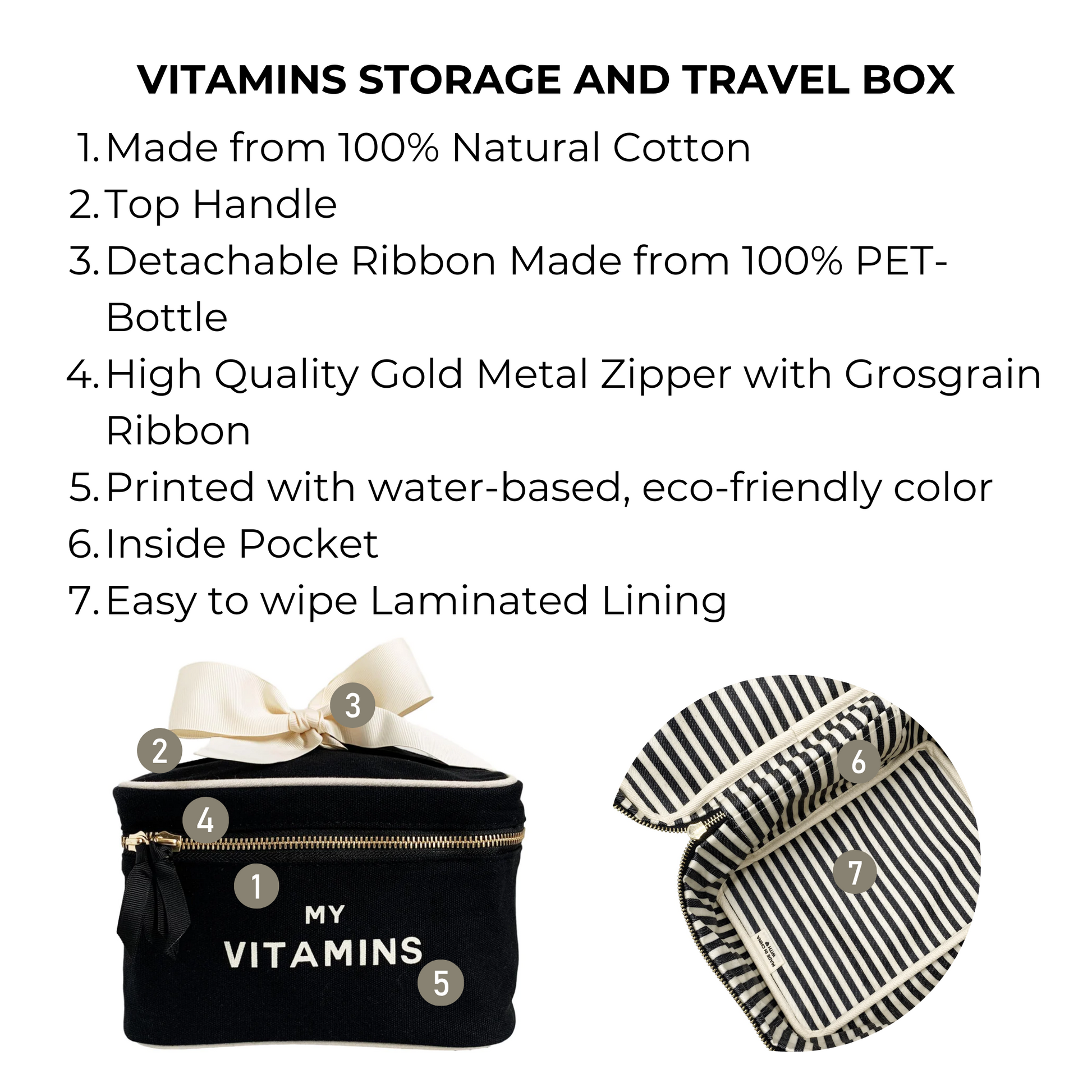 Bag-all Black Vitamins Storage and Travel Box with cotton exterior, gold zipper, detachable ribbon, and striped waterproof interior lining for organized supplement storage