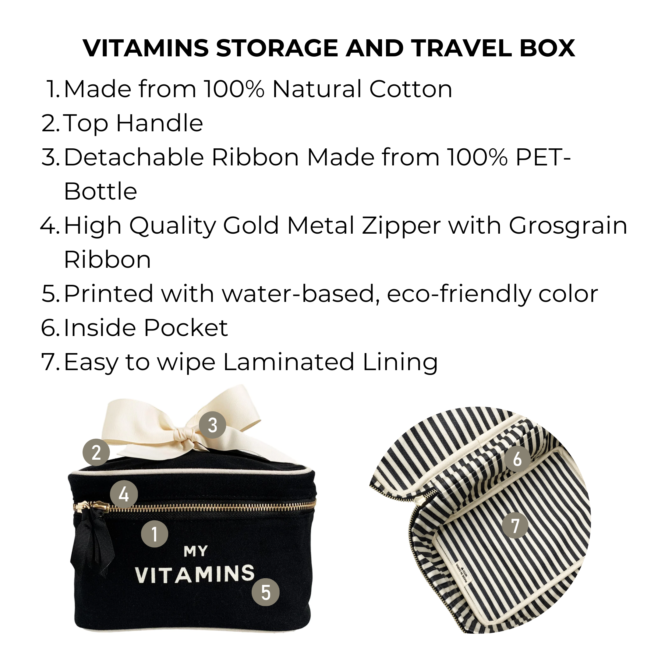 Bag-all Black Vitamins Storage and Travel Box with cotton exterior, gold zipper, detachable ribbon, and striped waterproof interior lining for organized supplement storage