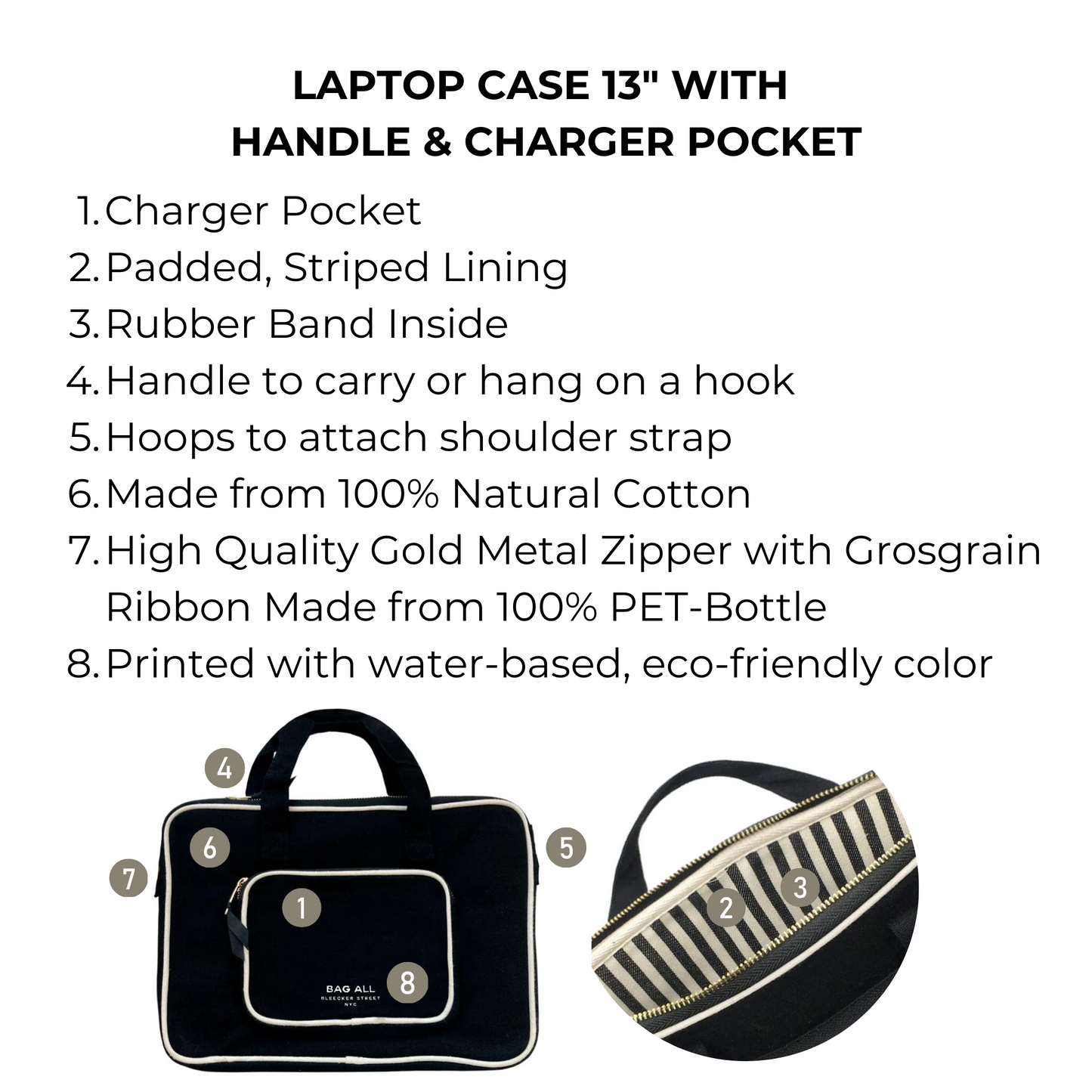 Bag-all black laptop case 13" with padded striped interior, charger pocket, handle, gold zipper. Eco-friendly cotton case fits 11-13" devices. Perfect organization solution.