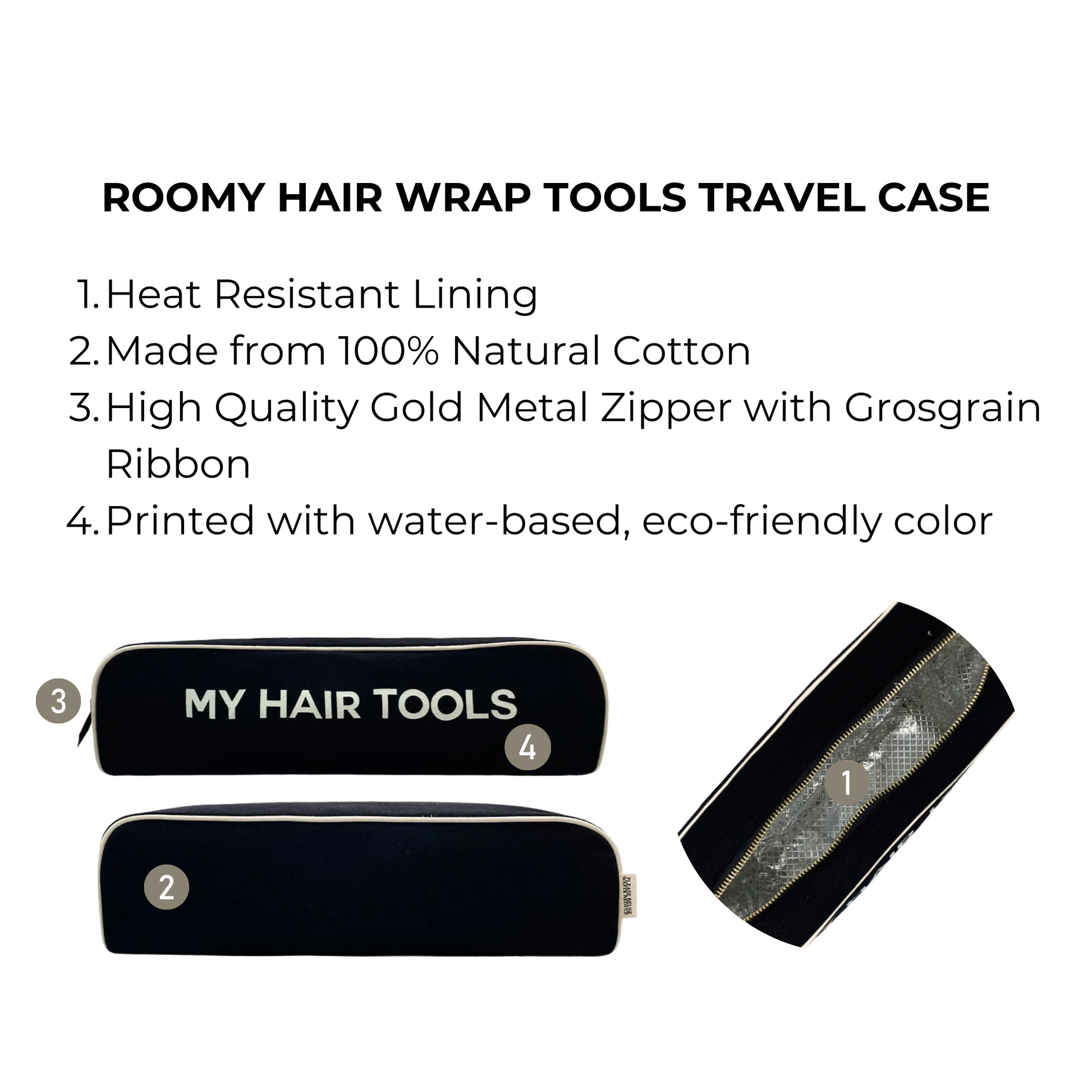 Bag-all Roomy Hair Wrap Tools Travel Case in black with heat-resistant lining, gold zipper, and eco-friendly cotton construction, perfect for Dyson Airwrap and styling tools storage