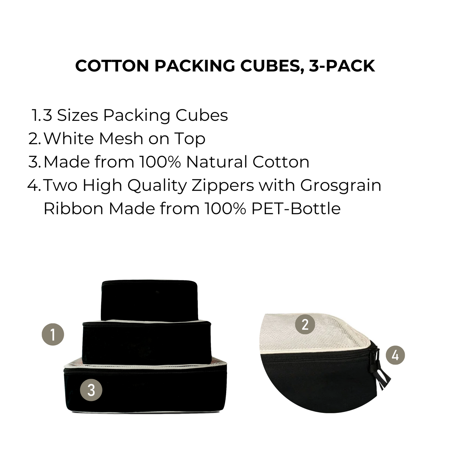 Bag-all Cotton Packing Cubes 3-pack Black featuring small, medium, large sizes with mesh top and premium zippers for organized travel and storage