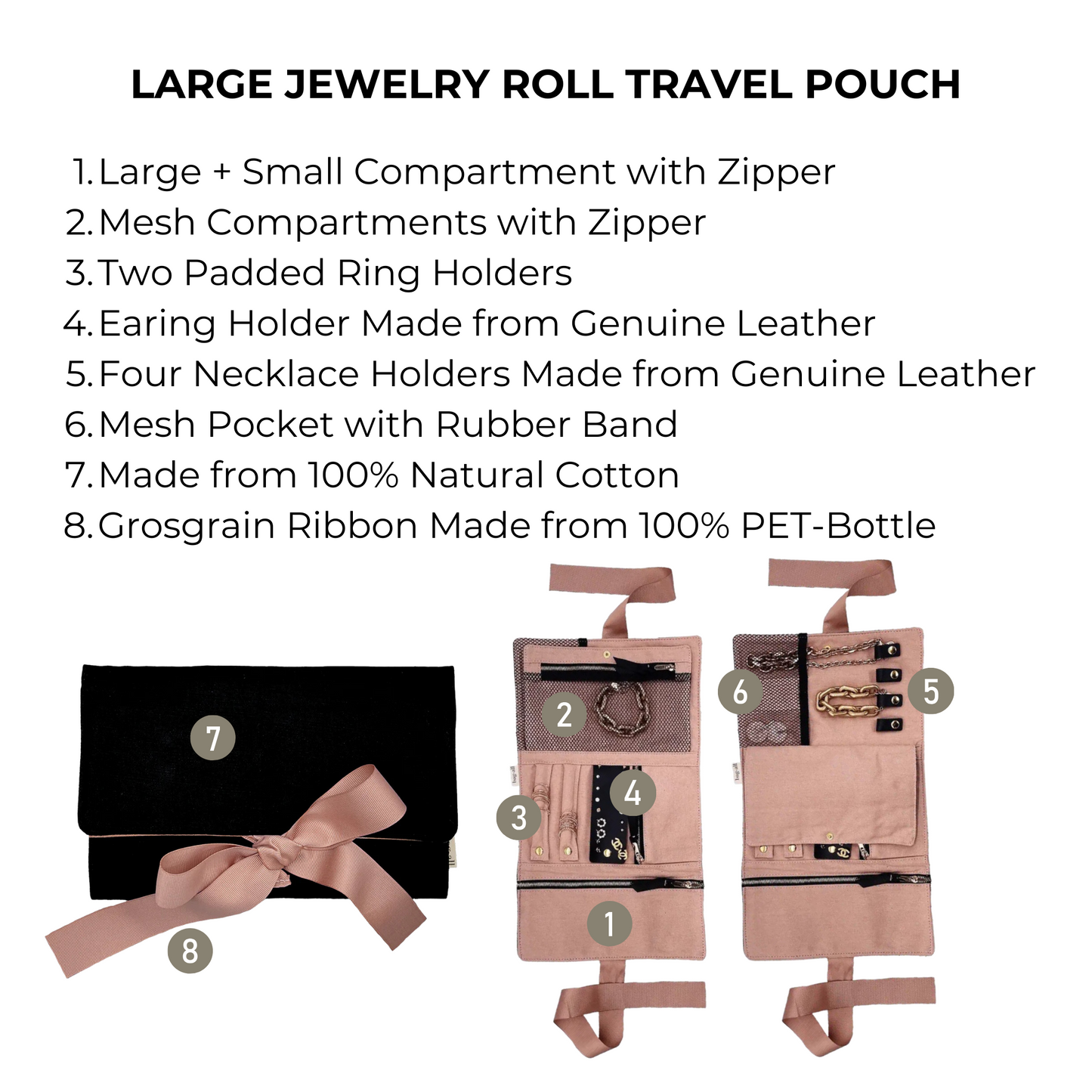Bag-all Large Jewelry Roll Travel Pouch in black cotton with multiple compartments, genuine leather holders, mesh pockets, and grosgrain ribbon for secure jewelry storage and organization