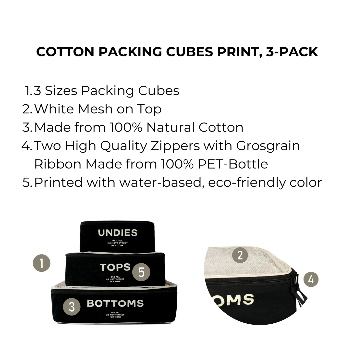 Bag-all Cotton Packing Cubes Print 3-pack Black with mesh top - organized travel storage solutions for undies, tops, and bottoms in natural cotton with eco-friendly zippers