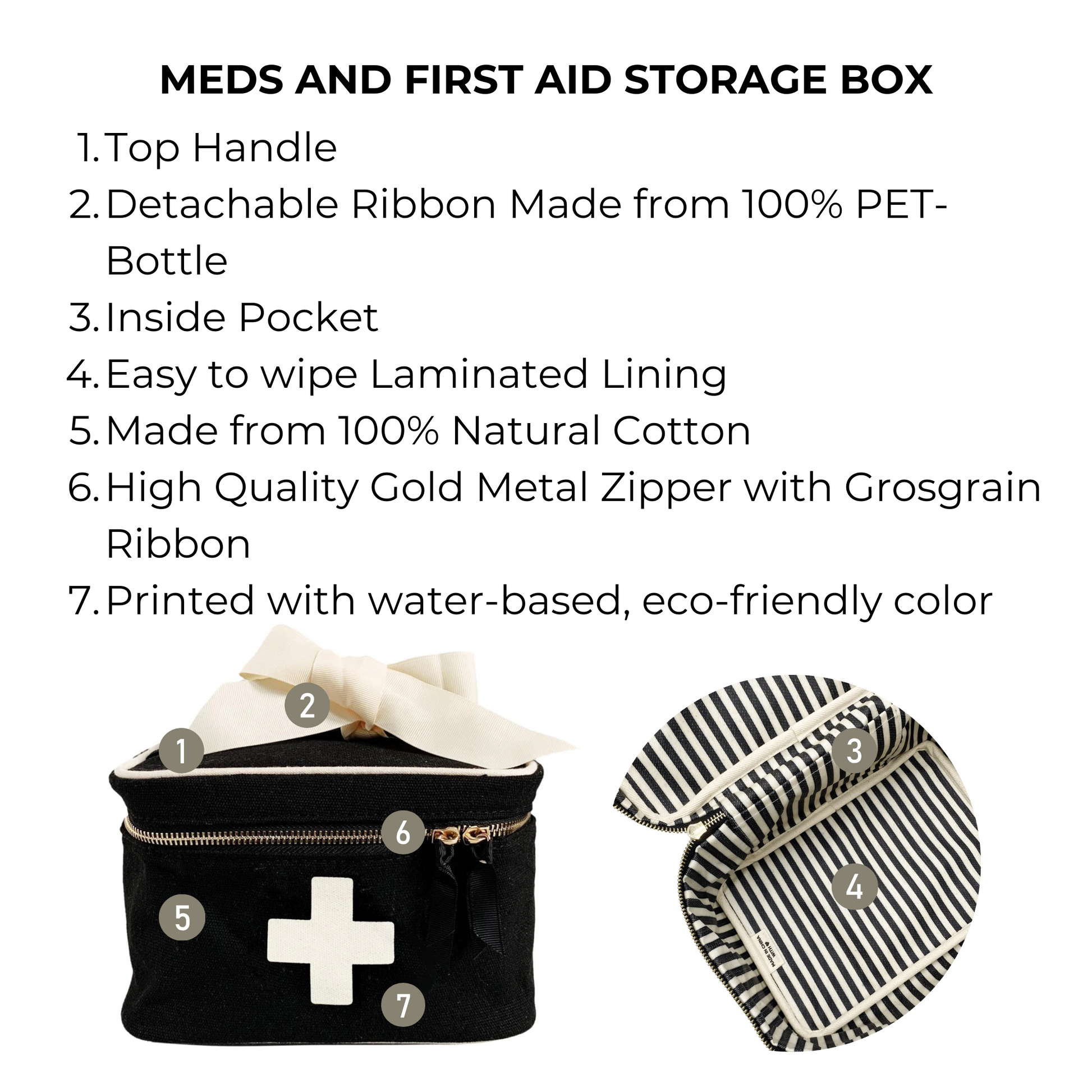 Bag-all Meds and First Aid Storage Box in black cotton with white cross print, gold zipper, detachable ribbon, and striped interior lining. Eco-friendly travel organizer for medication