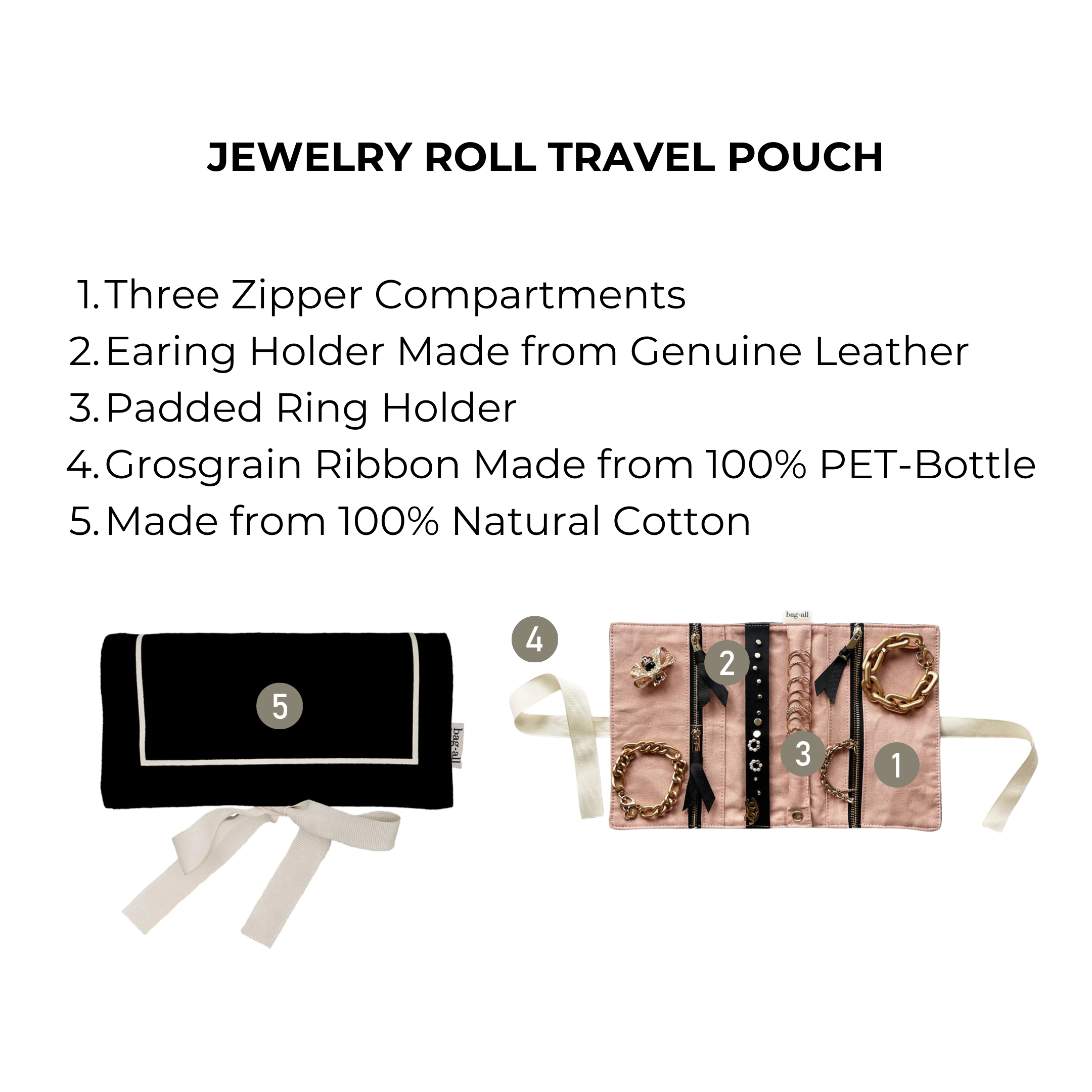 Bag-all Couture Jewelry Roll Medium Black with three zipper compartments, genuine leather earring holder, padded ring section, and pink interior, made from natural cotton and eco-friendly materials