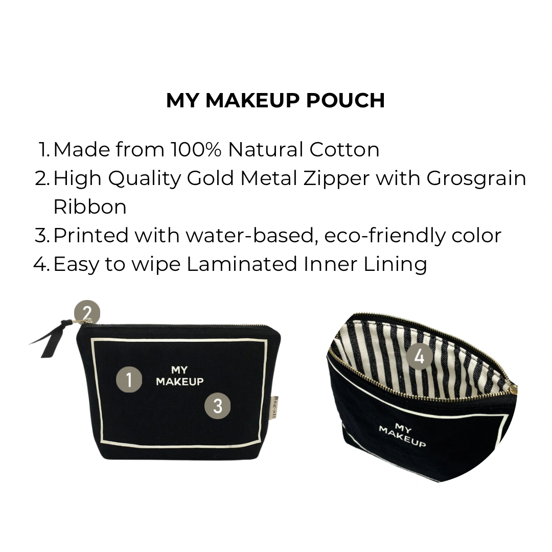 Bag-all My Makeup Pouch in black cotton with waterproof striped lining, gold zipper, and monogram option - perfect makeup organizer for daily essentials and beauty tools