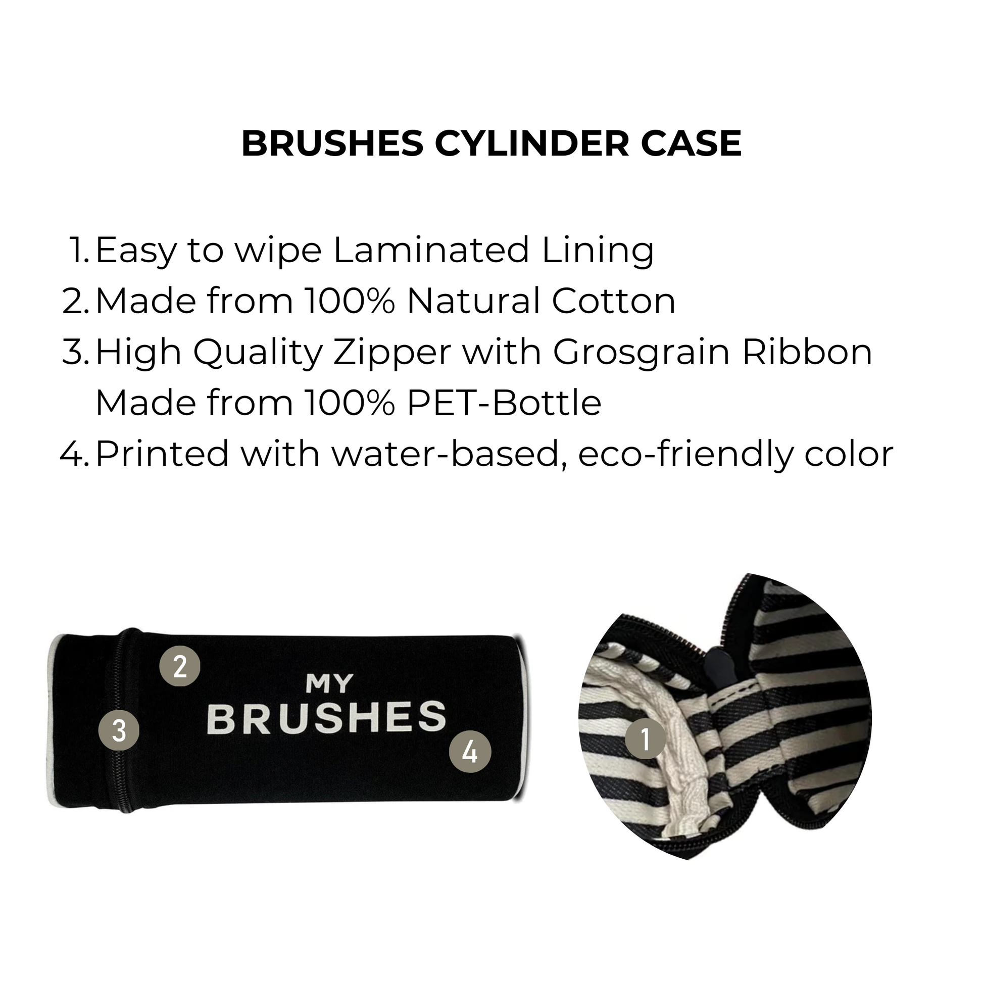 Bag-all Brushes Cylinder Case - Black cotton makeup brush organizer with laminated lining, eco-friendly zipper, and water-based print. Perfect for travel and daily organization