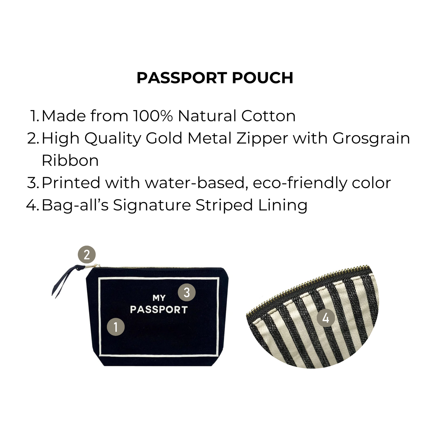 Bag-all Black Passport Pouch featuring natural cotton construction, gold zipper, and signature striped lining - perfect for organizing travel documents and cards in style