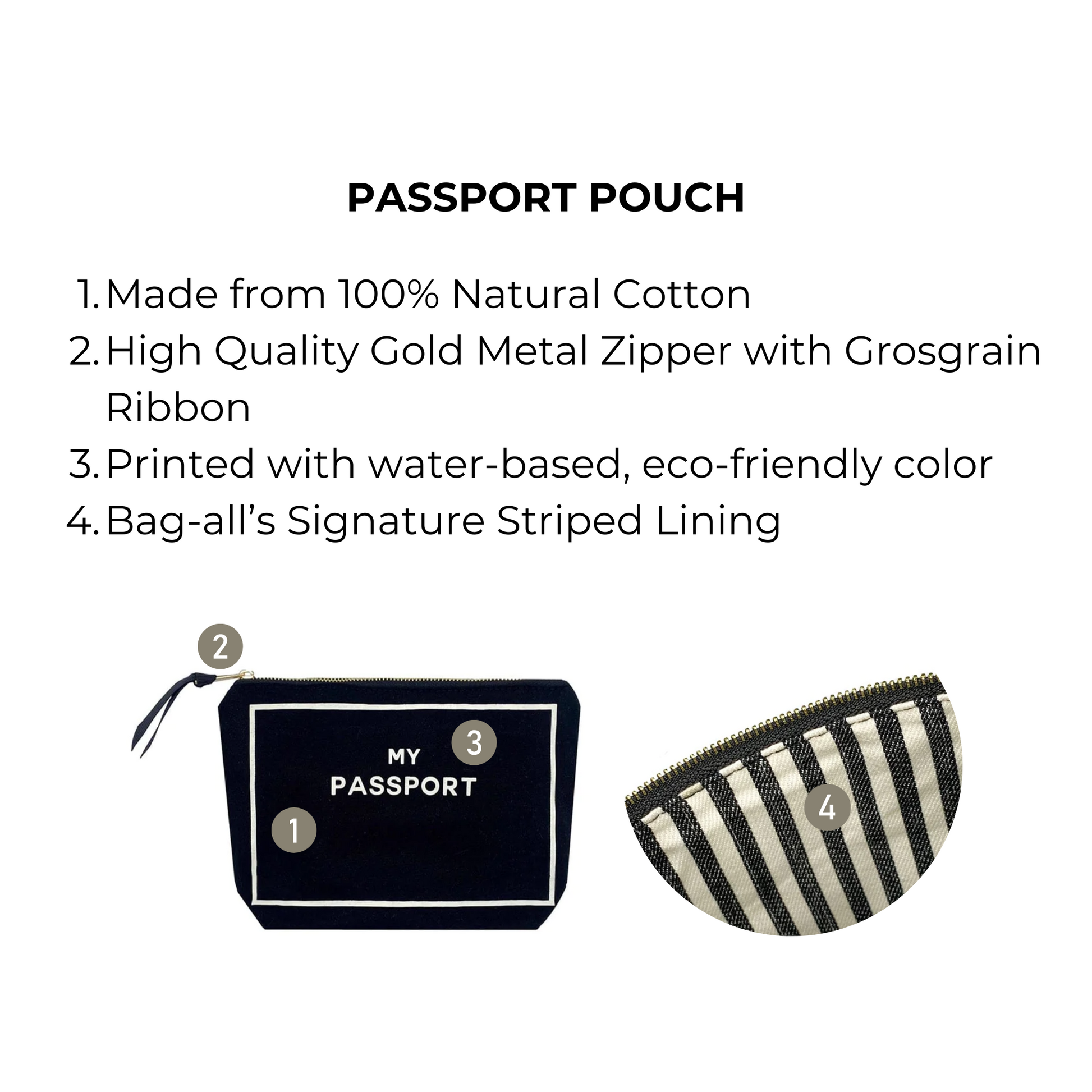 Bag-all Black Passport Pouch featuring natural cotton construction, gold zipper, and signature striped lining - perfect for organizing travel documents and cards in style