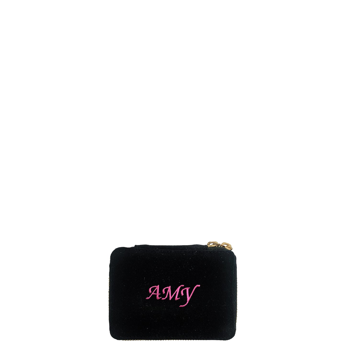 Bag-all Black Jewelry/Trinket Box with personalized pink monogram, featuring gold zipper and striped interior lining, perfect for organizing small accessories