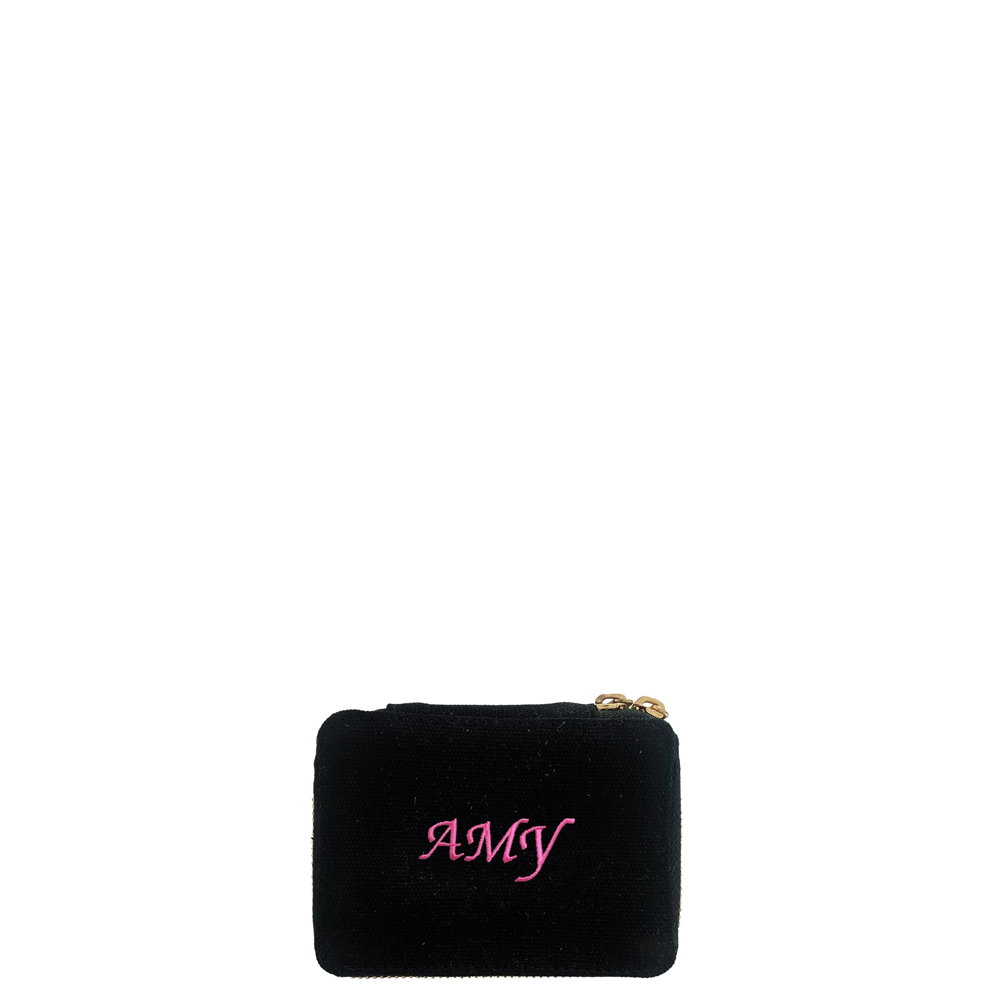 Bag-all Black Jewelry/Trinket Box with personalized pink monogram, featuring gold zipper and striped interior lining, perfect for organizing small accessories