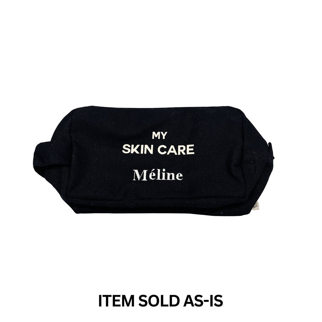 Black Bag-all skincare pouch with faulty Méline white monogram, final sale, perfect for toiletries or cosmetics storage