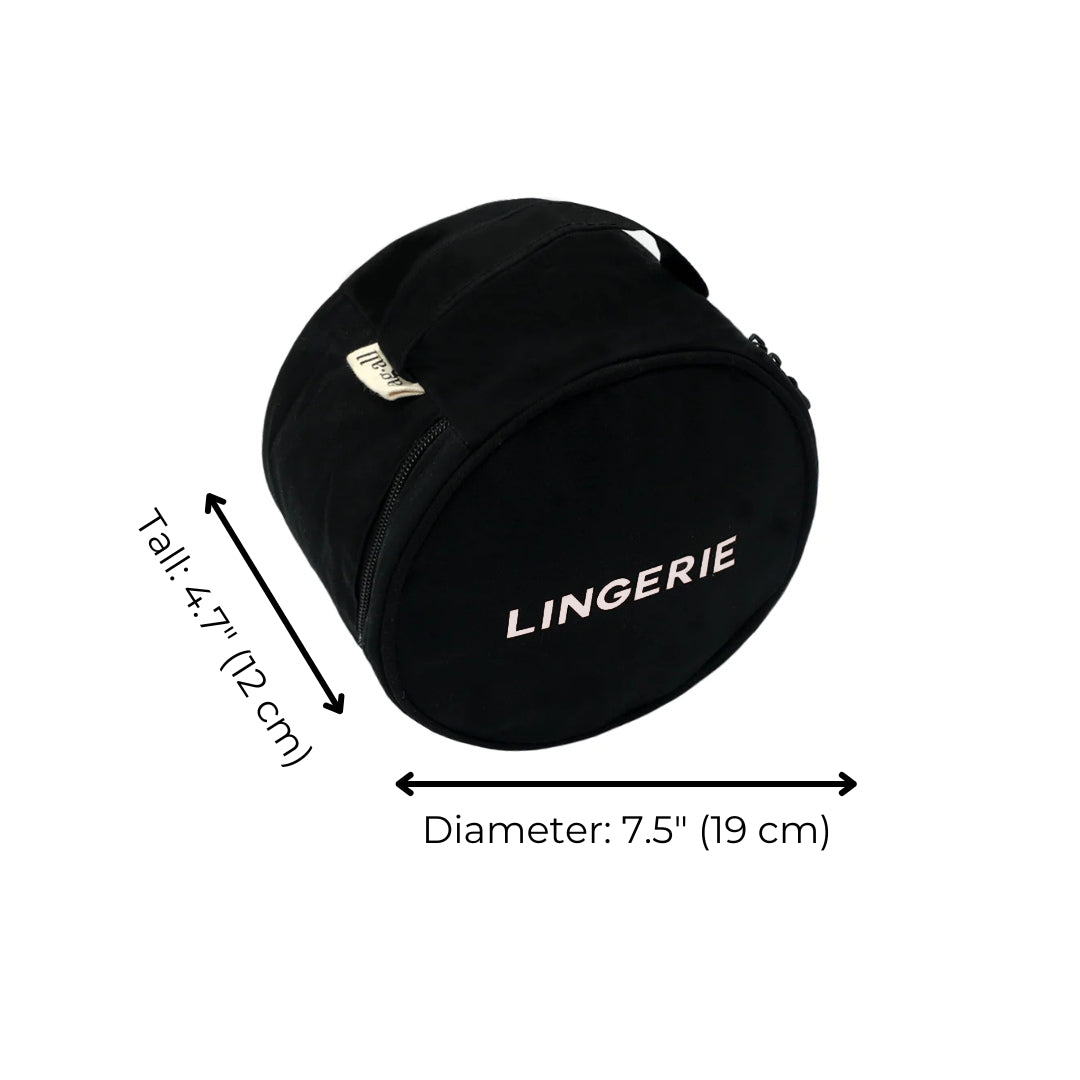 Bag-all Round Lingerie Case in Black featuring dual zippers, carry handle and white text, measuring 7.5 inches diameter and 4.7 inches tall for organized travel storage