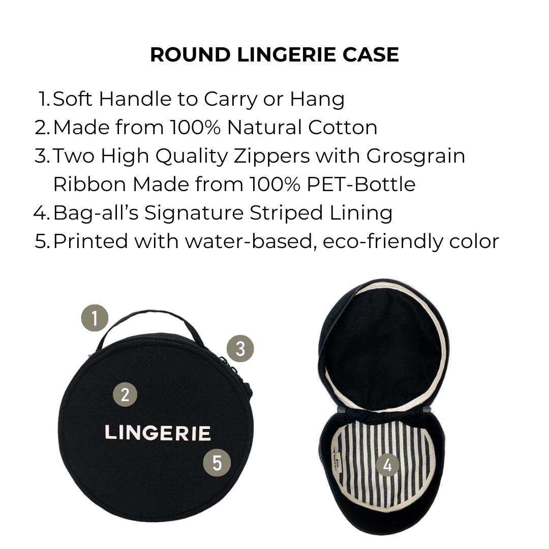 Bag-all Round Lingerie Case in black cotton with eco-friendly print, dual recycled-ribbon zippers, carrying handle and signature striped interior lining for organized travel storage