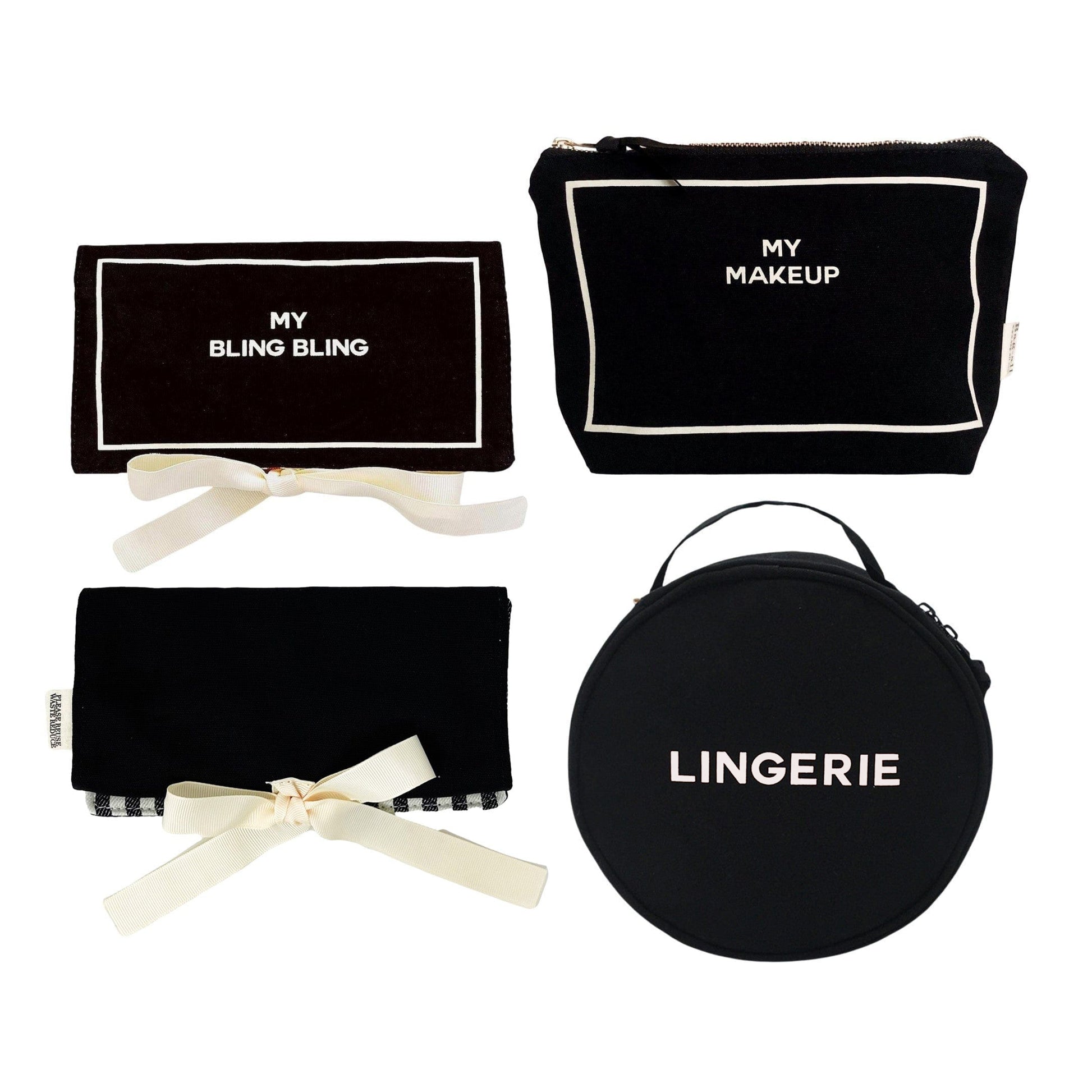 Bag-all Deal Gift Set for Her featuring black cotton travel cases: Round Lingerie Case, Jewelry Case, and Make Up Case with elegant white text and ribbon details