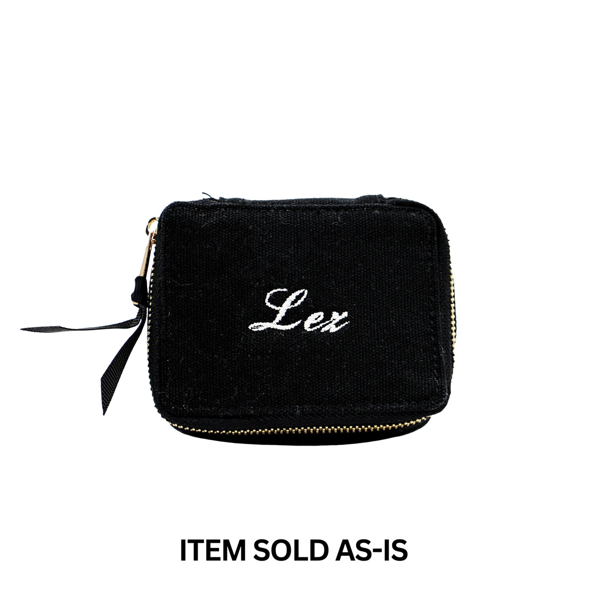 Black small pill box with faulty "Lex" white monogram and daily insert by Bag-all, sold as-is from sales bin collection