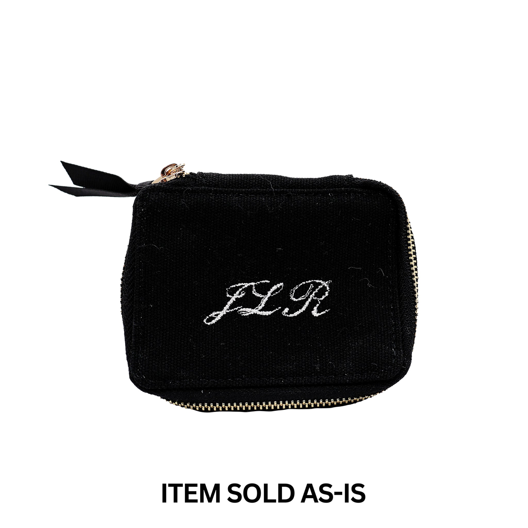 Black small Bag-all pill box with daily insert featuring faulty white JLR monogram and gold zipper sold as-is final sale item