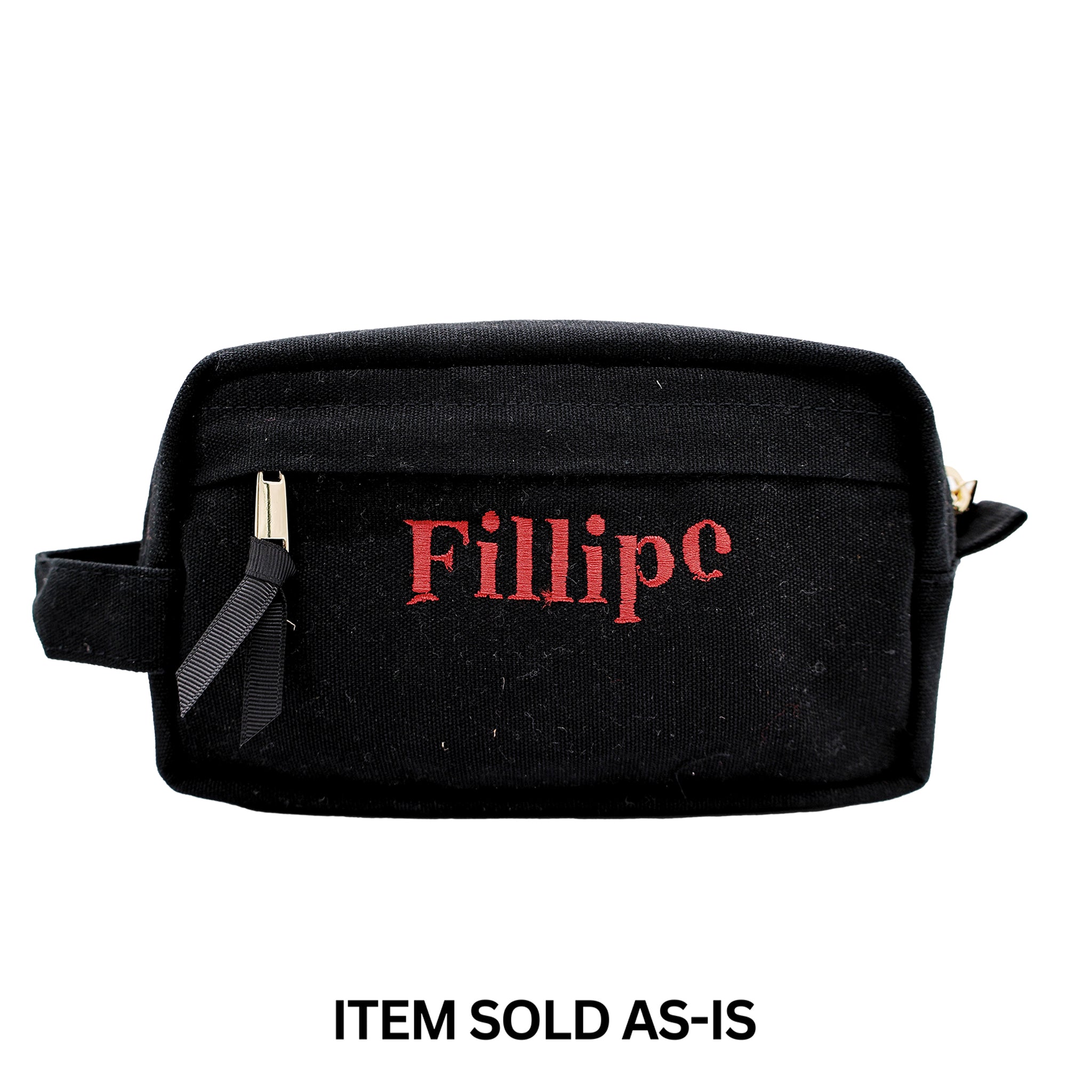 Black Bag-all toiletry pouch with faulty red Fillipo monogram, final sale, sold as-is, unique sales bin item