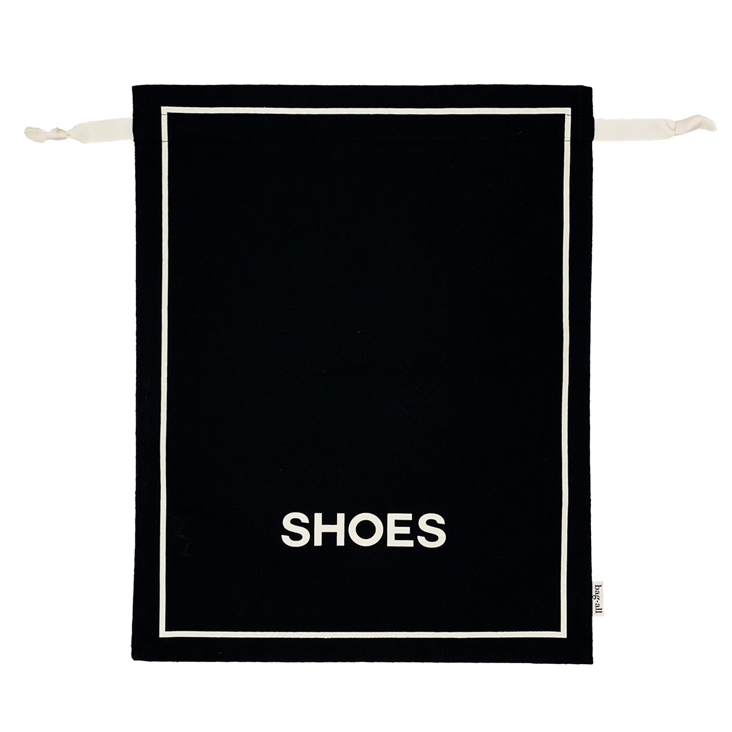 Bag-all Couture Shoe Travel Bag in black cotton with white trim and SHOES text, featuring drawstring closure for elegant footwear storage and protection