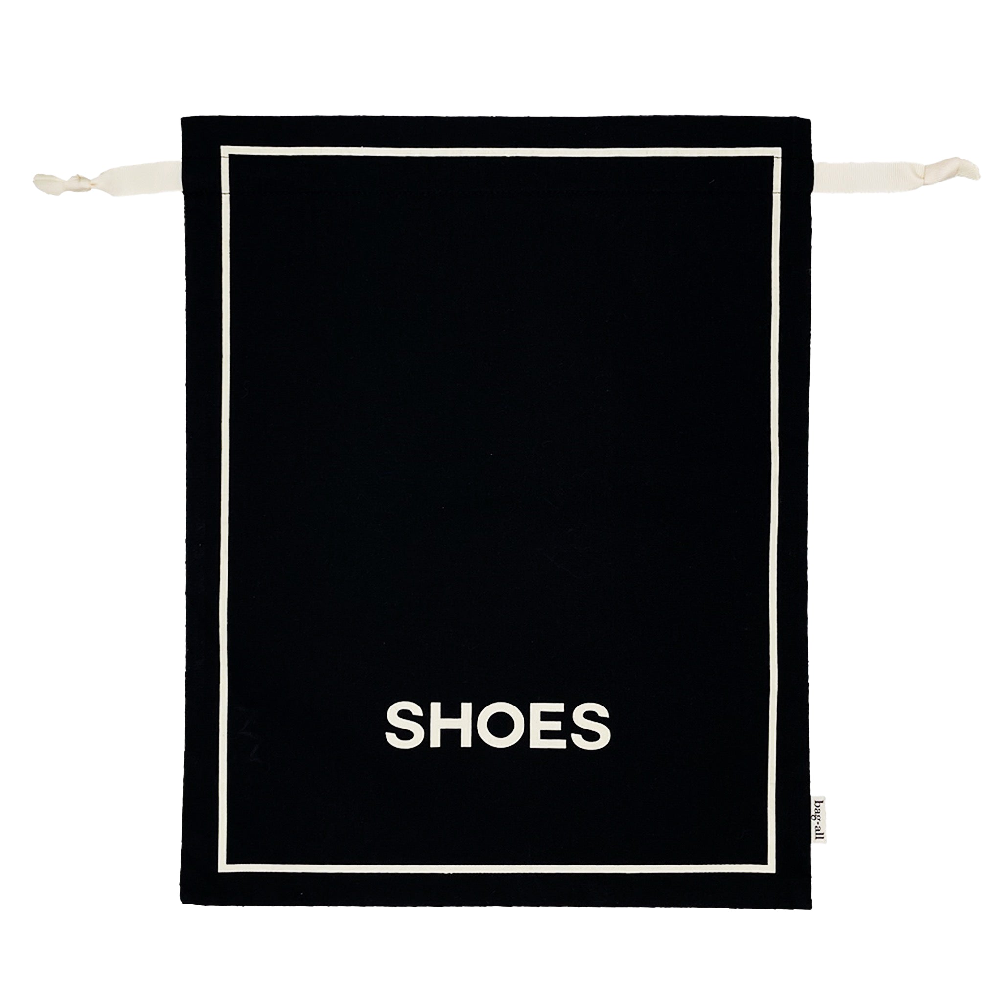 Bag-all Couture Shoe Travel Bag in black cotton with white trim and SHOES text, featuring drawstring closure for elegant footwear storage and protection