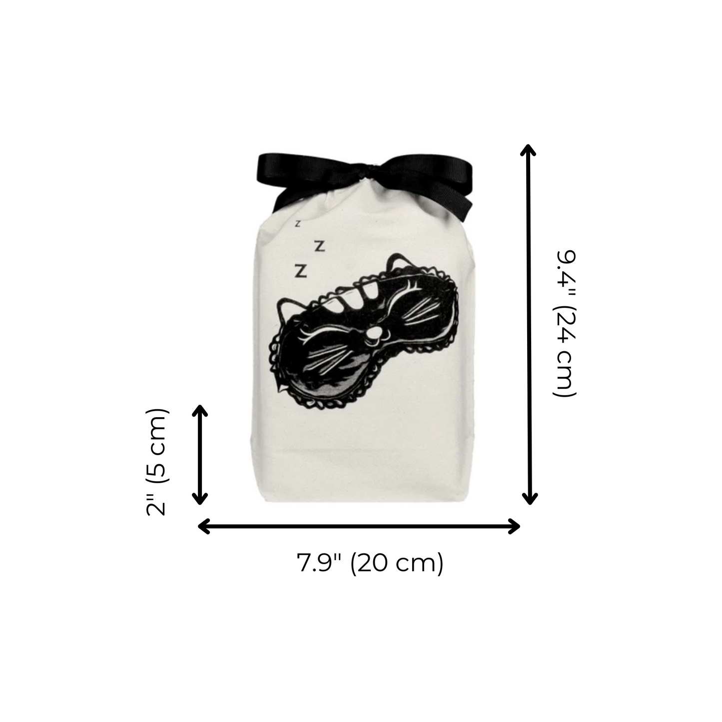 Bag-all sleeping mask organizing bag in white cotton with black bow and sleepy cat eye mask print. Dimensions: 9.4" x 7.9" x 2
