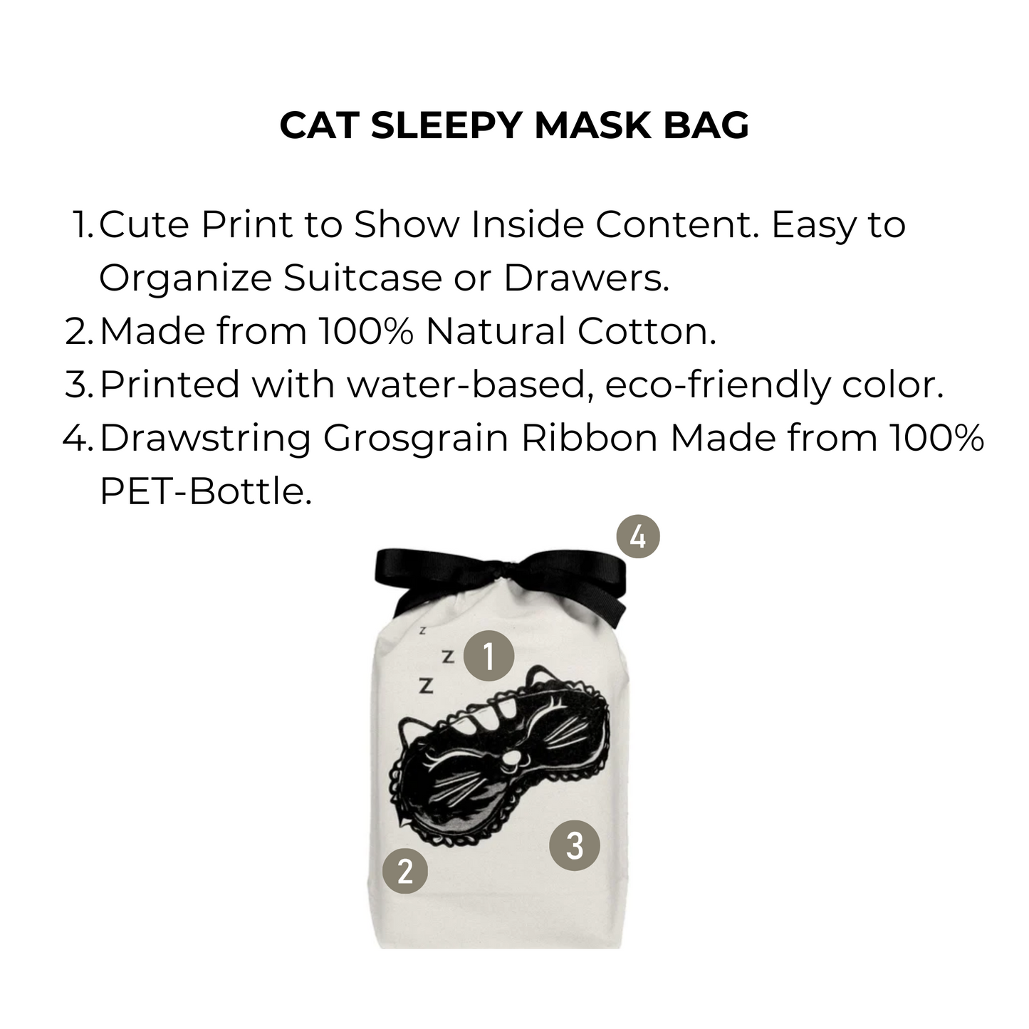Bag-all Cat Sleepy Mask Bag - Eco-friendly cotton organizer with cute cat mask print and recycled PET ribbon drawstring for sleep accessories and travel