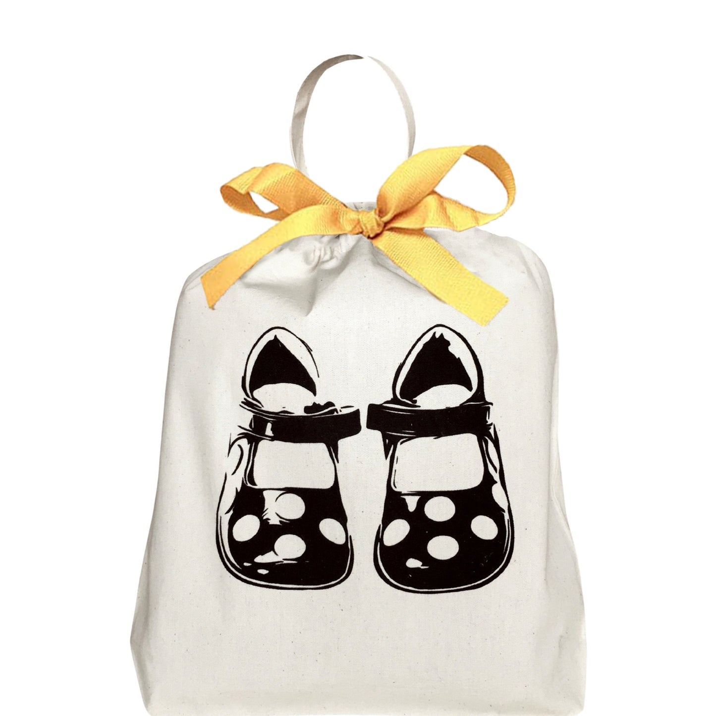 Bag-all Children Shoe Bag in cream cotton with black polka dot shoe print and yellow bow, perfect for organizing kids footwear and storage