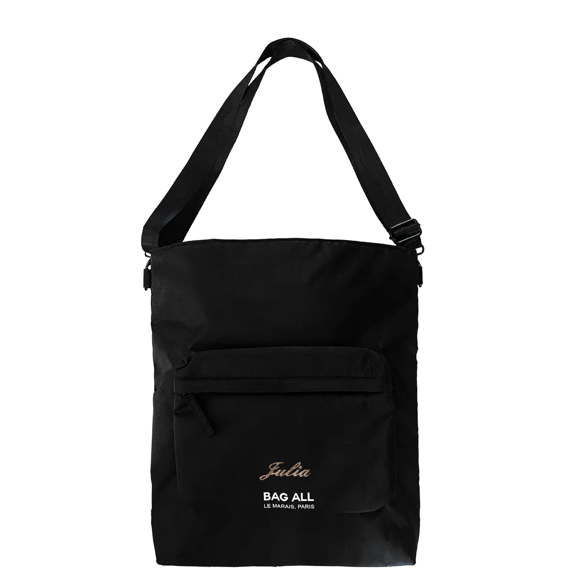 Bag-all City Backpack/Tote in black recycled nylon, featuring convertible straps, padded laptop protection, front zipper pocket, and striped interior lining. Versatile Paris design.