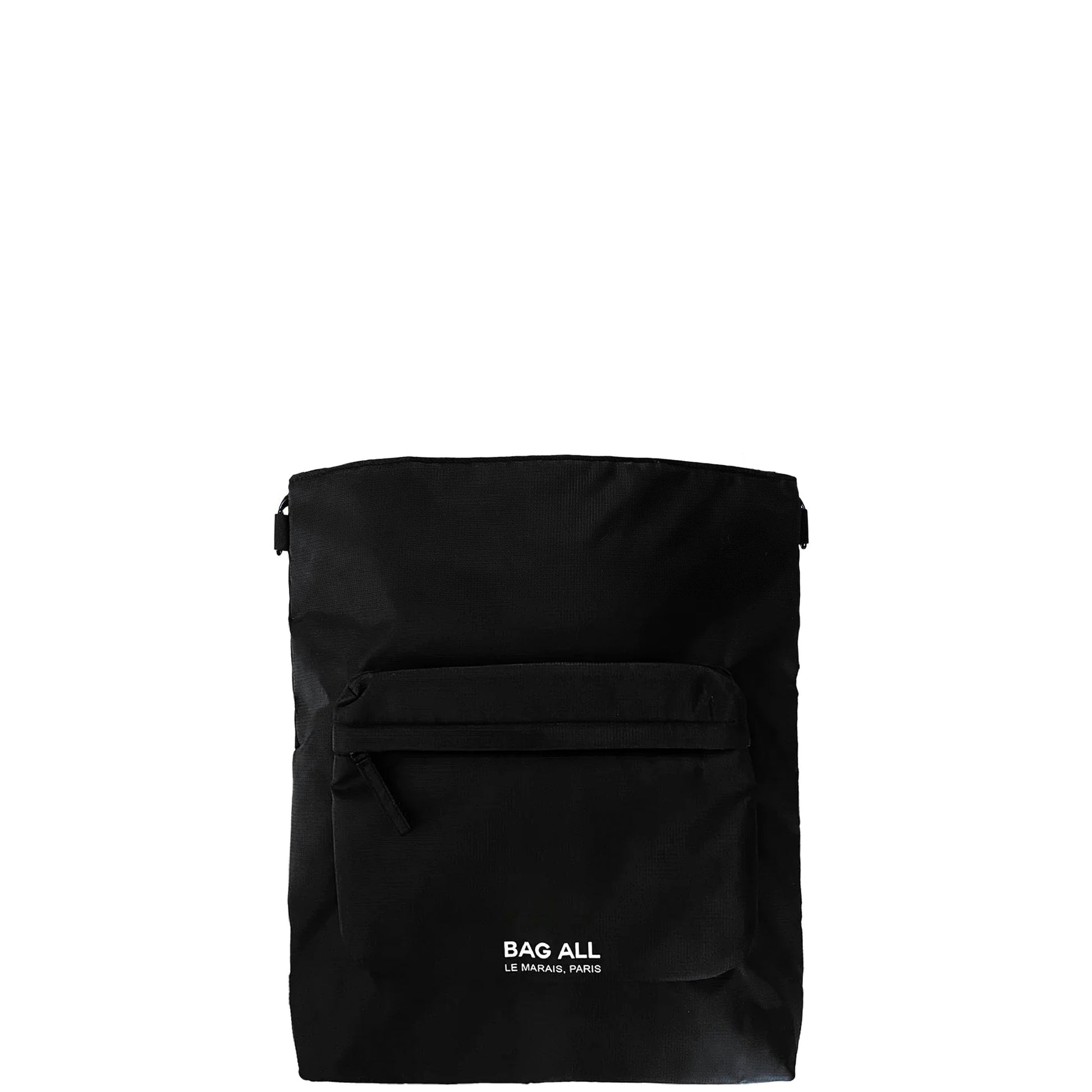 Bag-all City Backpack/Tote in black recycled nylon, featuring convertible straps, padded laptop protection, front zip pocket, and striped interior lining