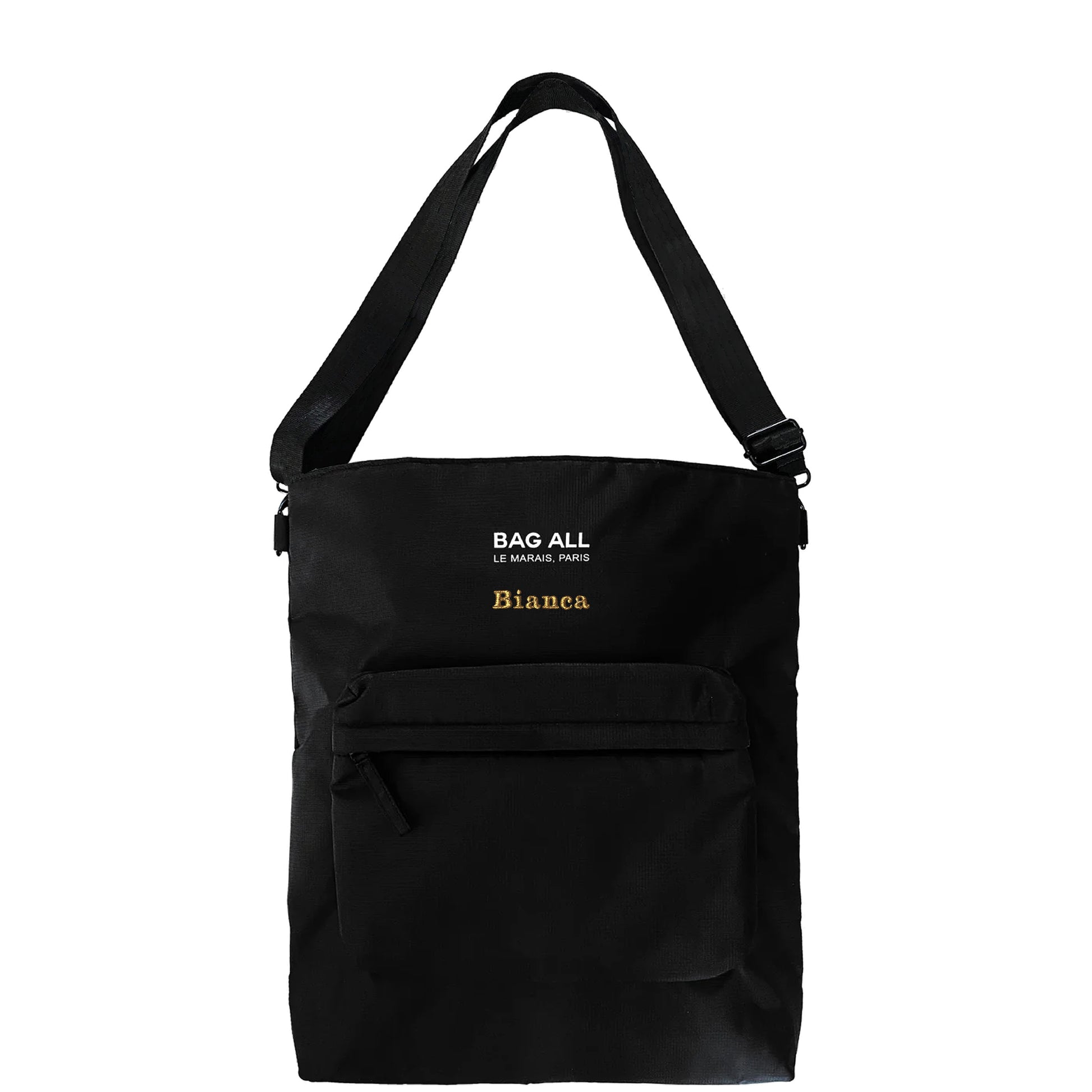 Bag-all City Backpack/Tote in black recycled nylon, convertible padded laptop bag with adjustable straps and front zipper pocket, sustainable fashion from Paris