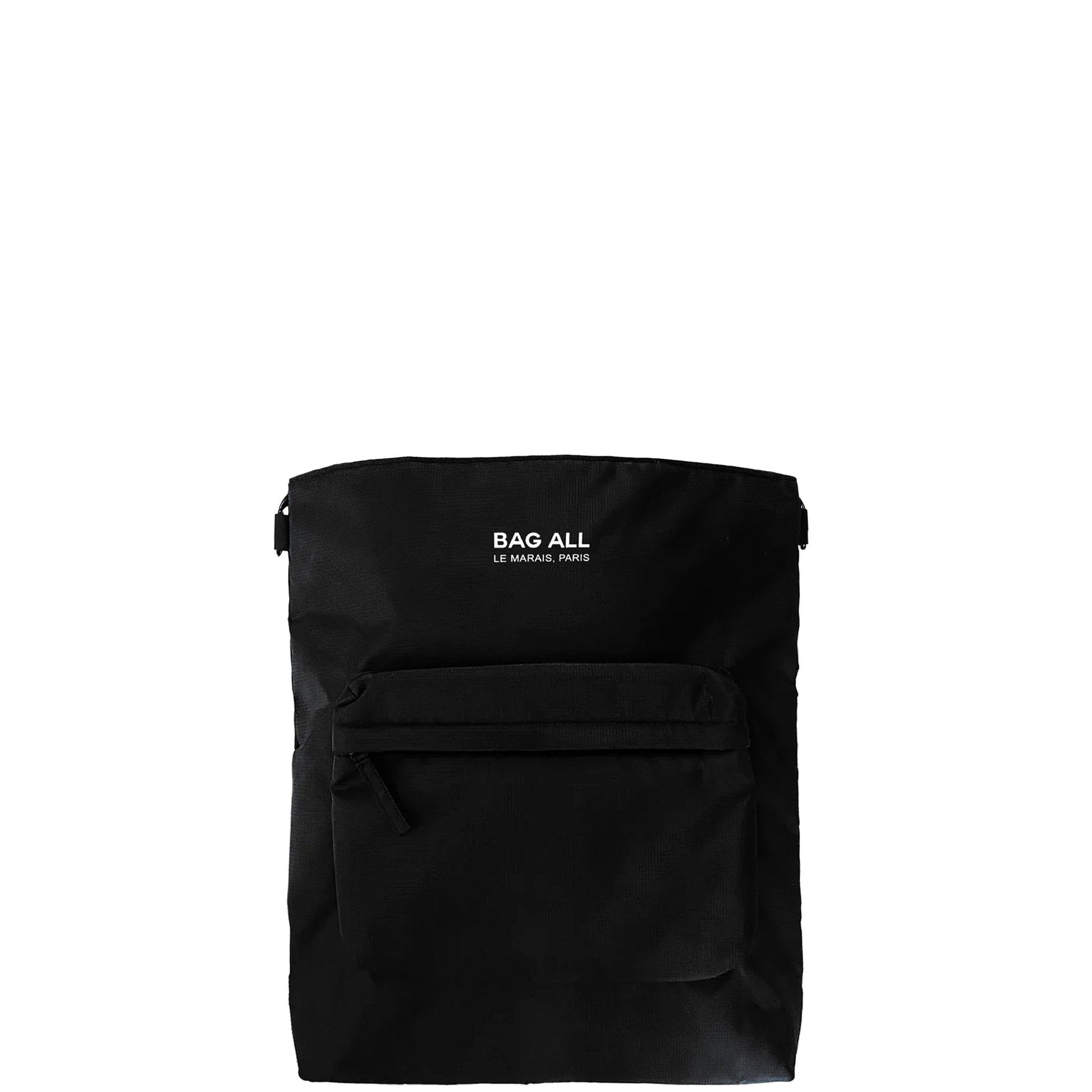 Bag-all City Backpack/Tote in black recycled nylon with padded laptop protection, convertible straps, and front zip pocket, designed in Paris