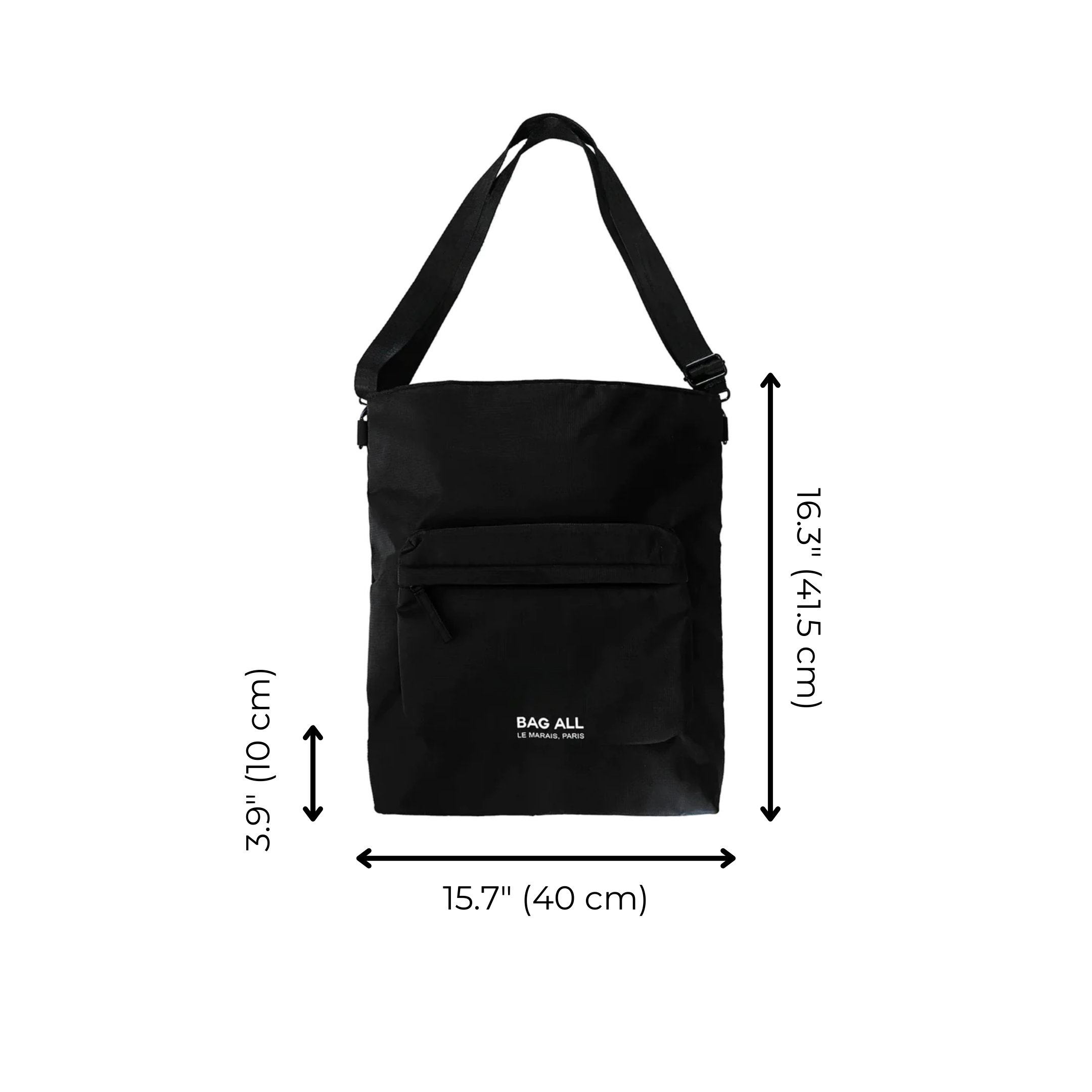 Bag-all City Backpack/Tote in black recycled nylon with convertible straps, laptop padding, front zip pocket, dimensions 15.7x16.3 inches