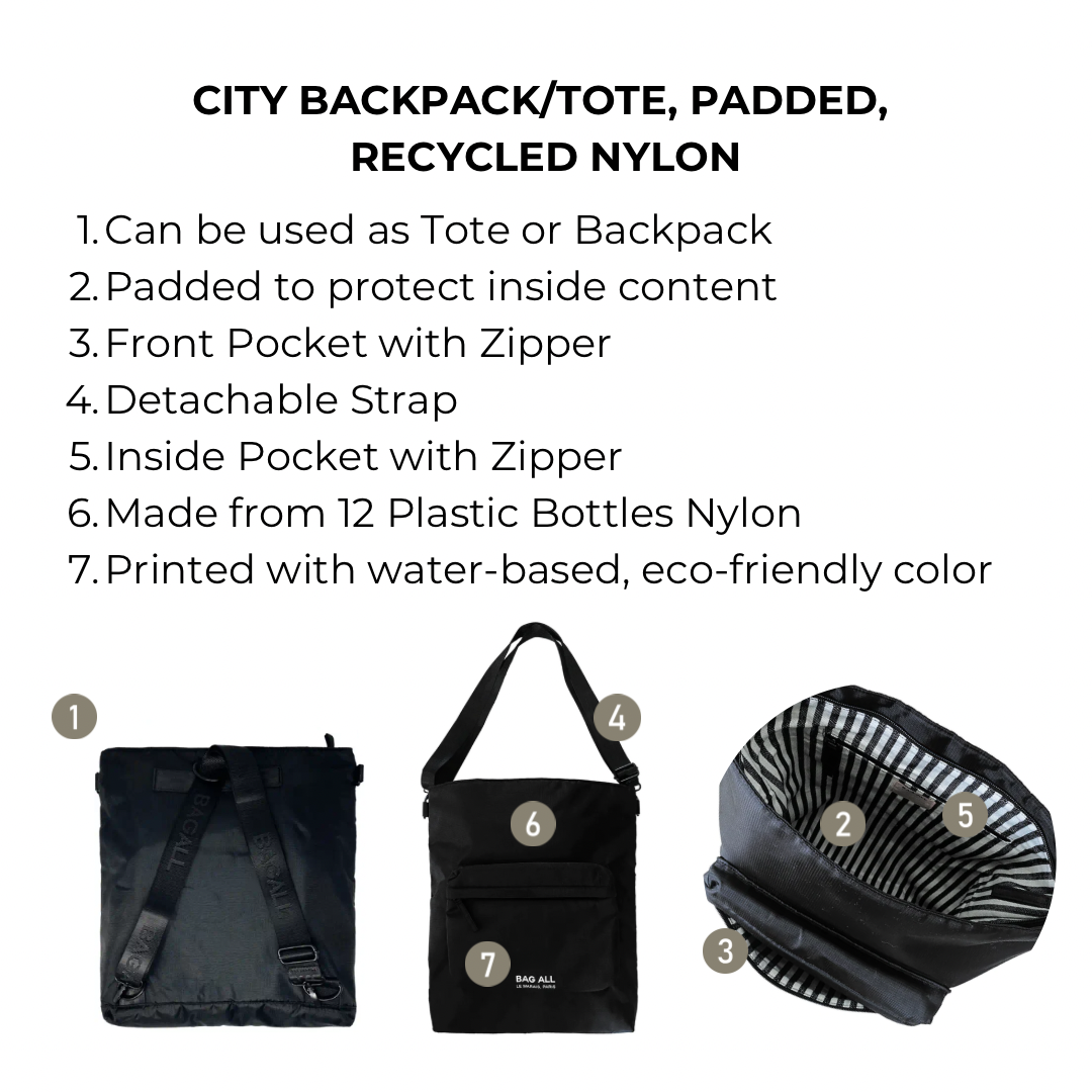 Bag-all City Backpack/Tote in black recycled nylon, featuring convertible straps, padded laptop protection, front and inside zipper pockets, made from 12 recycled bottles