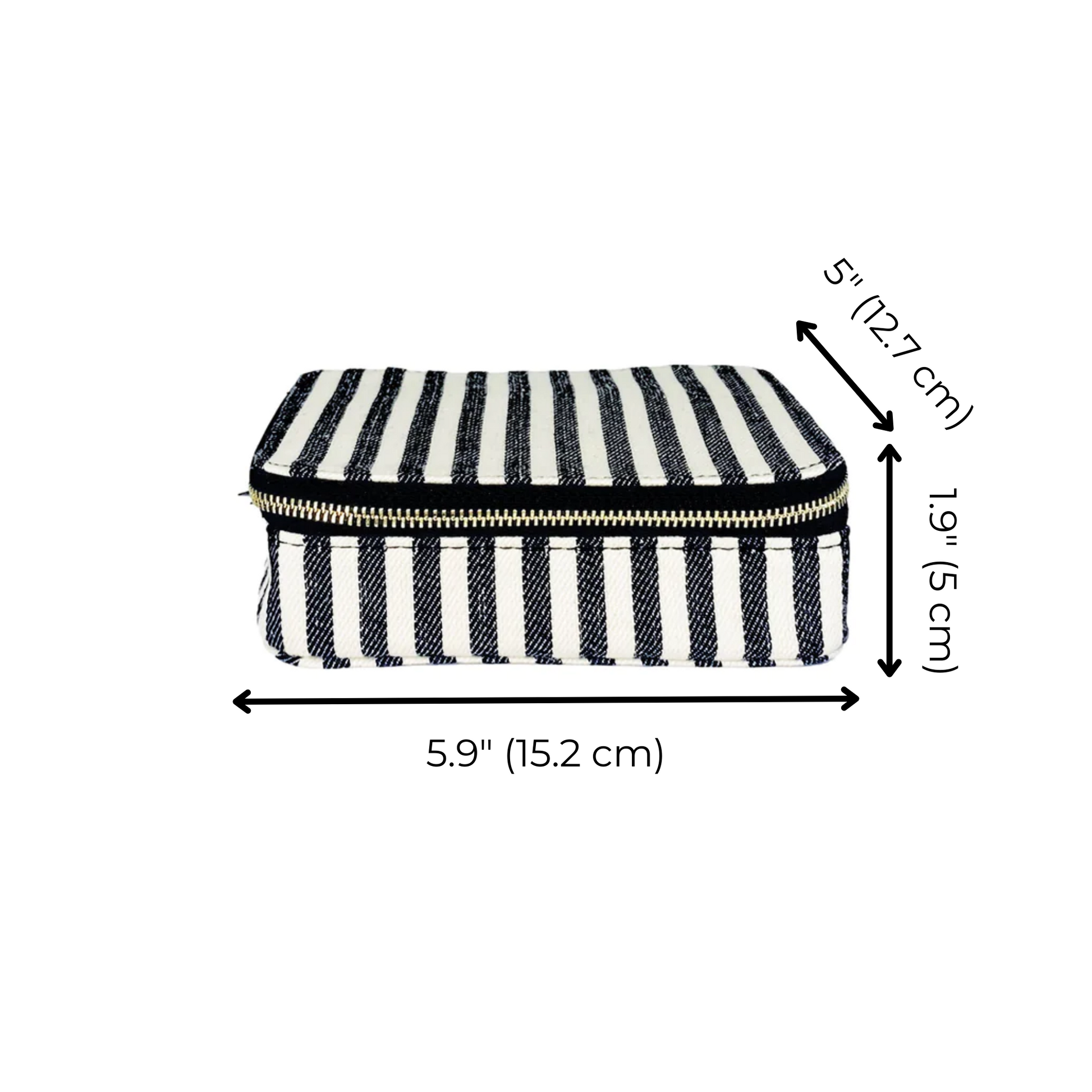 Bag-all Cosmetics/Trinket Box featuring classic black and white stripes, gold zipper closure, and coated lining. Compact storage box measuring 5.9x5x1.9 inches for organized travel and daily use.