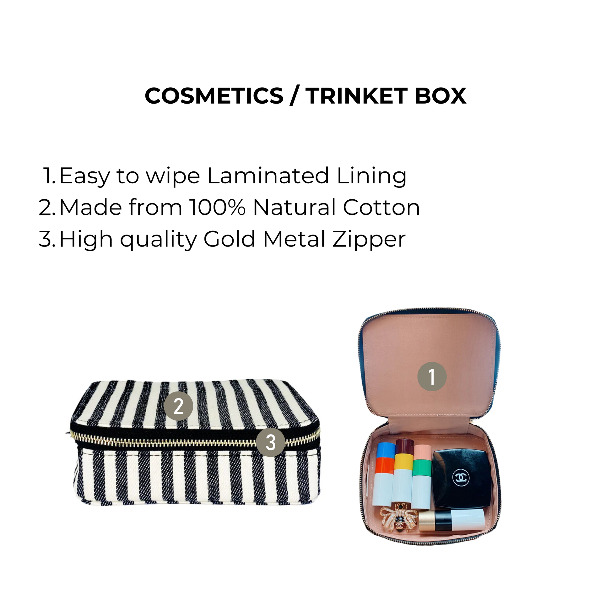 Bag-all Cosmetics/Trinket Box featuring classic black and white stripes, gold zipper, and cotton construction with laminated interior for makeup and accessory storage