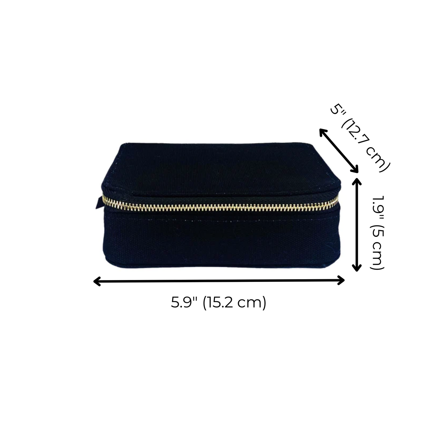 Bag-all Black Cosmetics/Trinket Box with gold zipper closure, perfect for organizing makeup and accessories, measures 5.9 x 1.9 x 5 inches