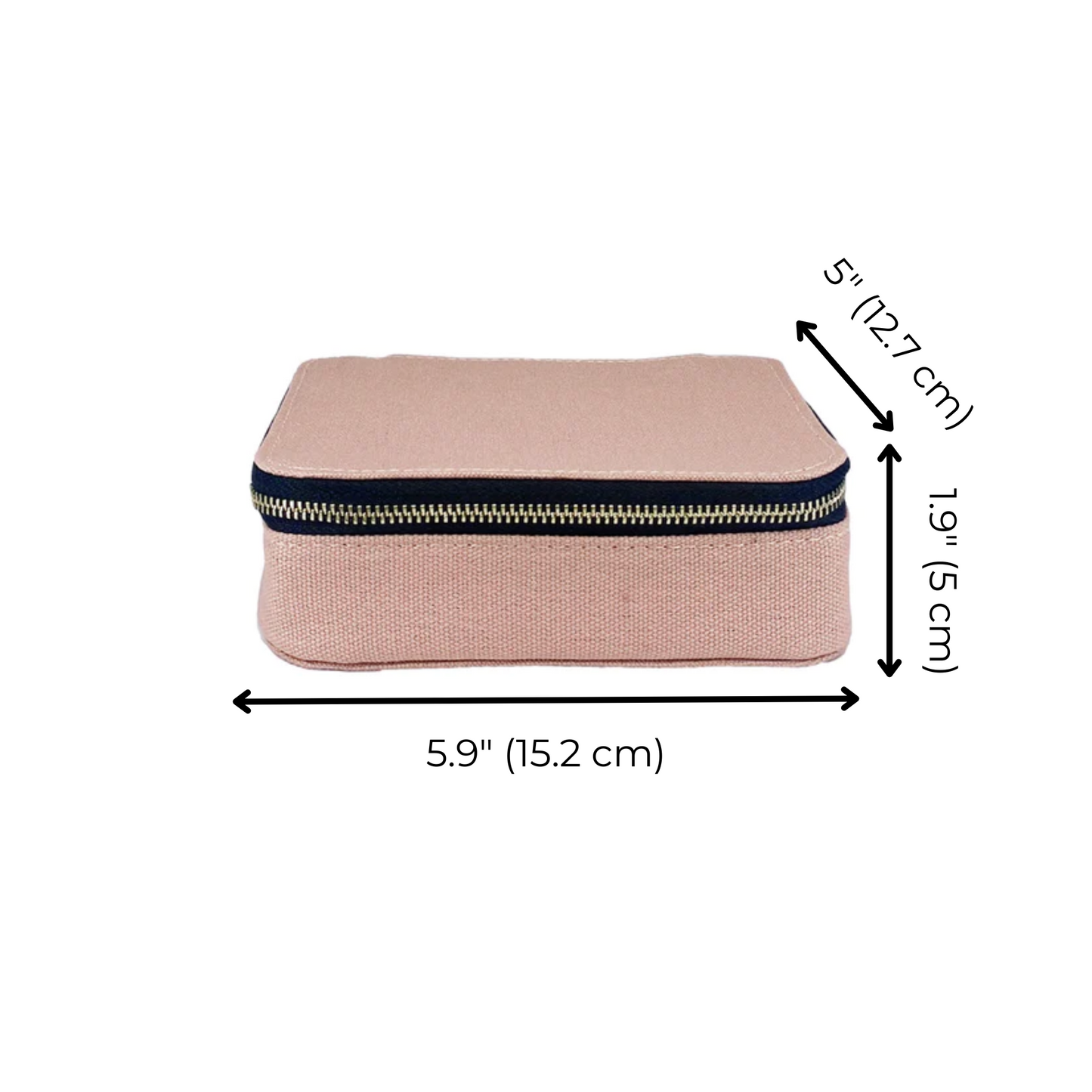 Bag-all Cosmetics/Trinket Box in blush pink with gold zipper, shown with dimensions 5.9" x 5" x 1.9", perfect for organizing makeup and small accessories