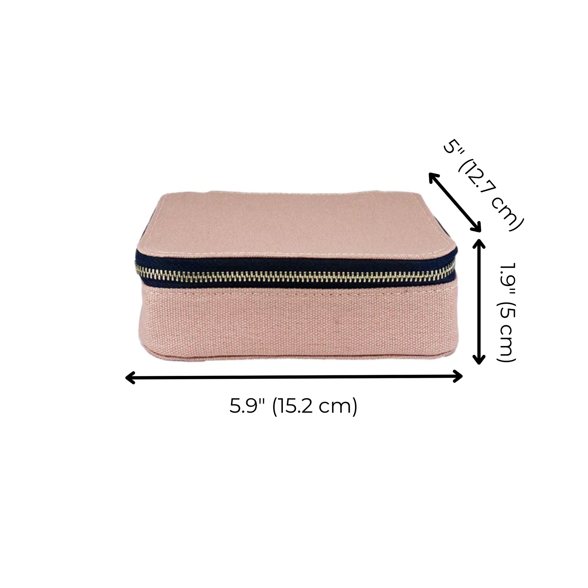 Bag-all Cosmetics/Trinket Box in blush pink with gold zipper, shown with dimensions 5.9" x 5" x 1.9", perfect for organizing makeup and small accessories