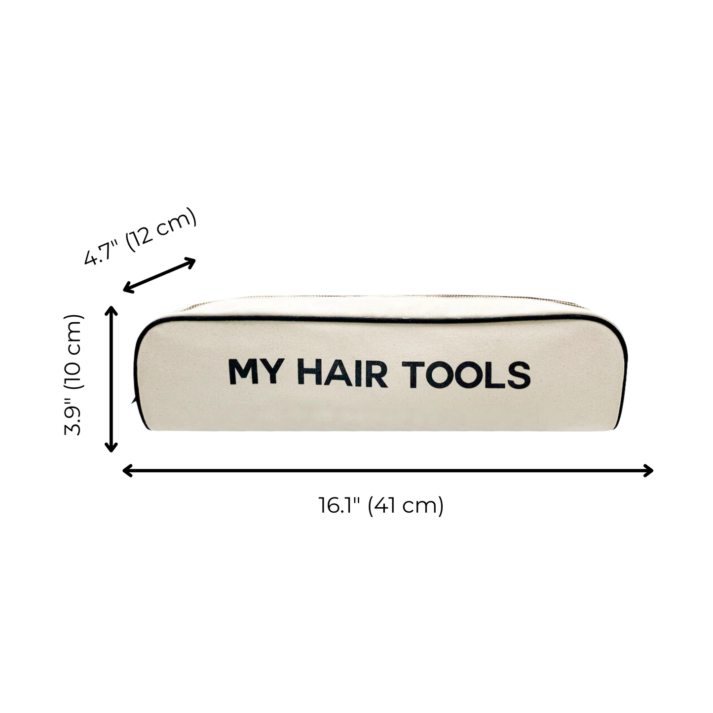 Bag-all Roomy Hair Tools Travel Case in cream with "MY HAIR TOOLS" text and dimensions: 16.1" length x 3.9" height x 4.7" width, perfect for Airwrap and styling tools