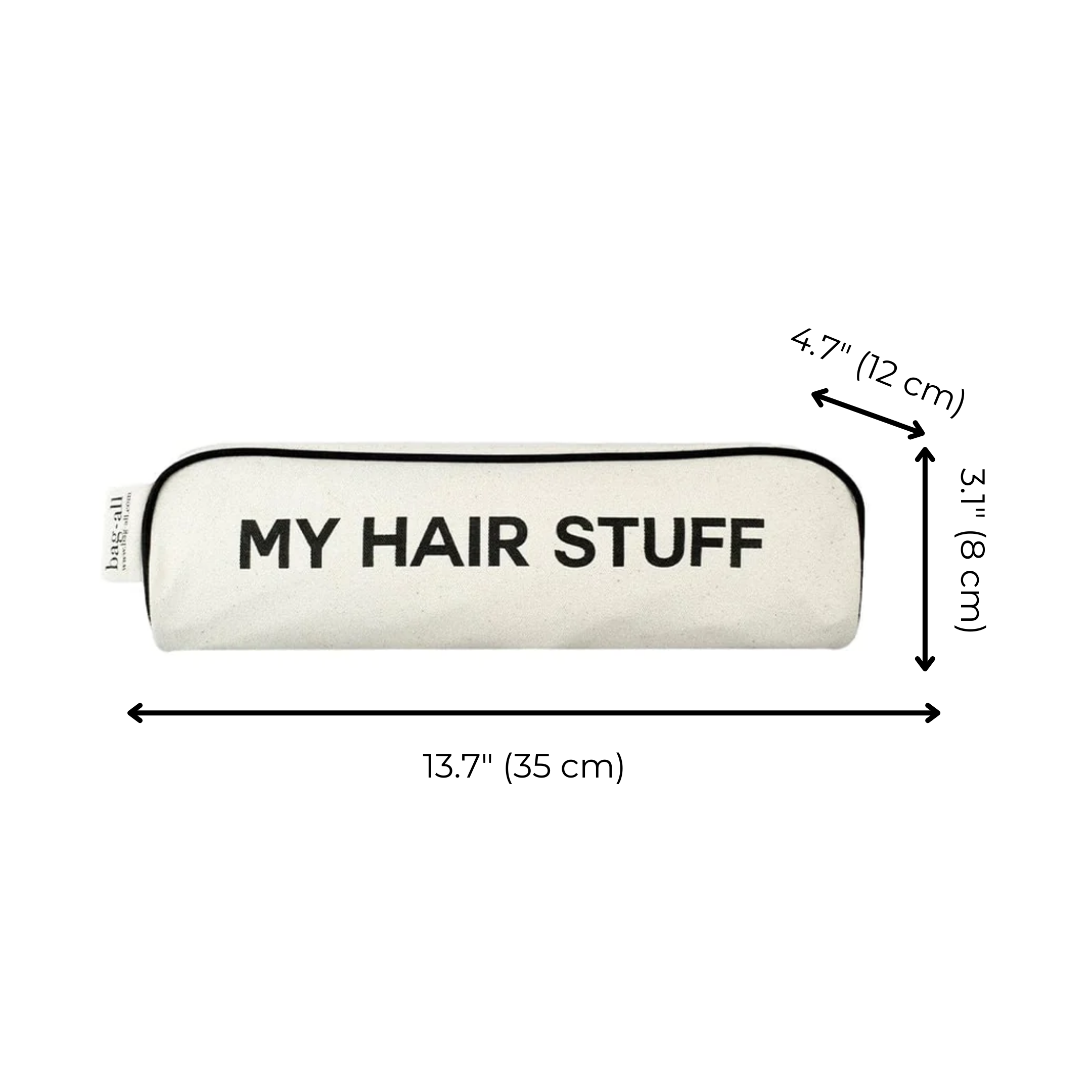 Bag-all Hair Stuff Travel Case in cream, measuring 35x12x8cm, featuring black text 'MY HAIR STUFF' on natural cotton canvas with product dimensions displayed
