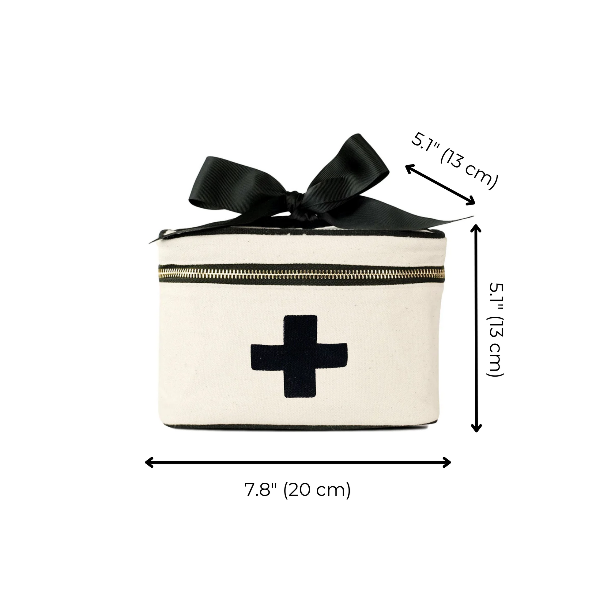 Bag-all Meds and First Aid Storage Box in cream cotton with black cross design, decorative bow, and zipper closure - stylish medical storage solution